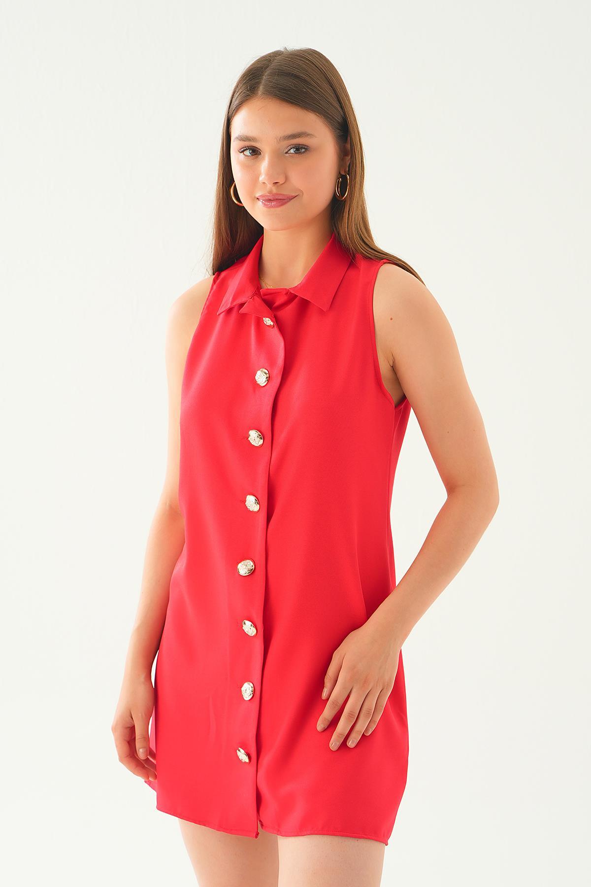 7001 sıfır kol düğmeli elbise Kırmızı - 4