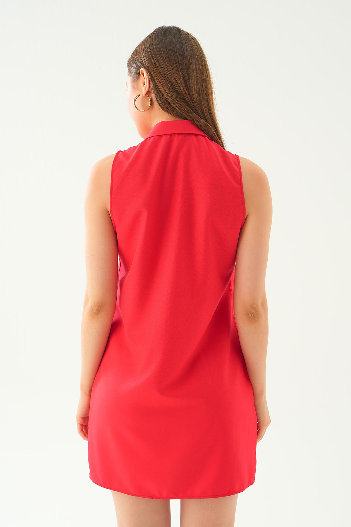 7001 sıfır kol düğmeli elbise Kırmızı - 5