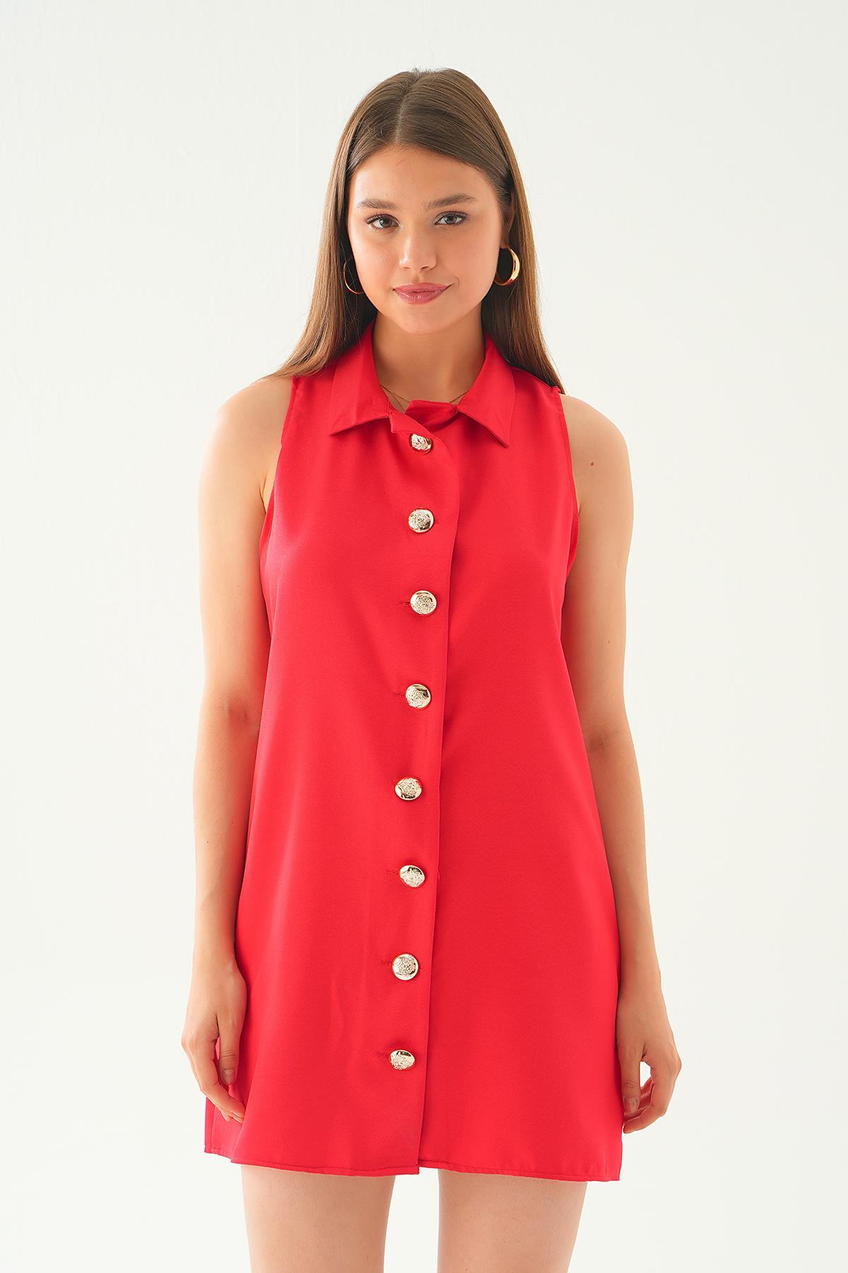 Kırmızı Sıfır Kol Düğmeli Elbise 7001 - 3