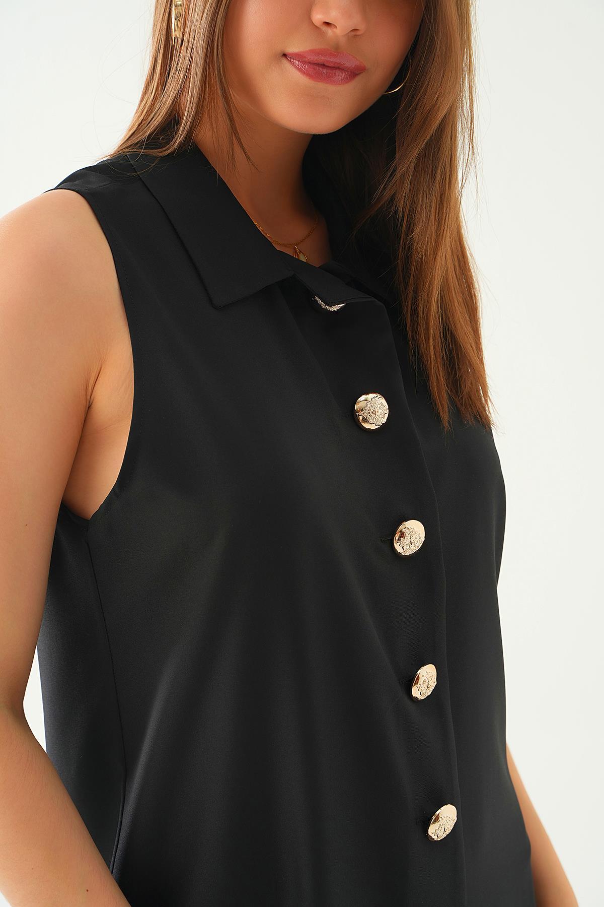 Siyah Sıfır Kol Düğmeli Elbise 7001 - 5