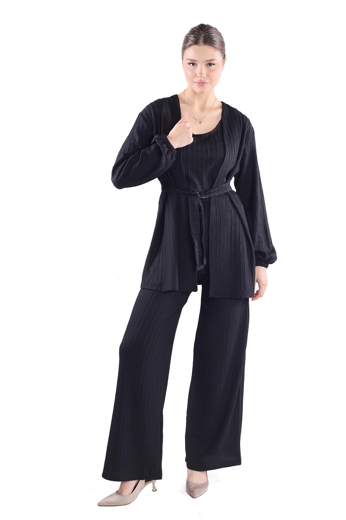 7002 3'lü Kimono Bluz Pantolon Takım Siyah - RAYS