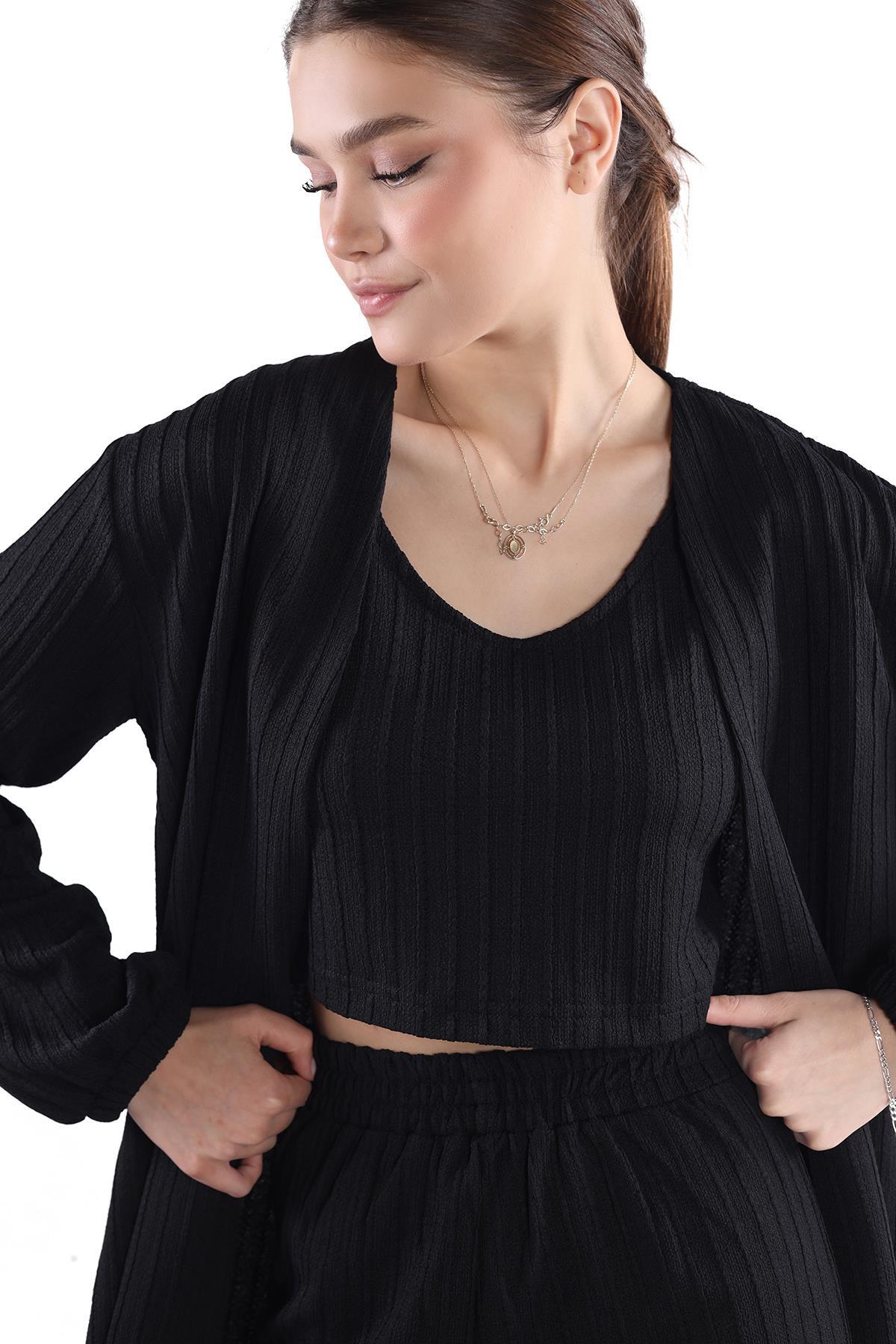 7002 3'lü Kimono Bluz Pantolon Takım Siyah - RAYS