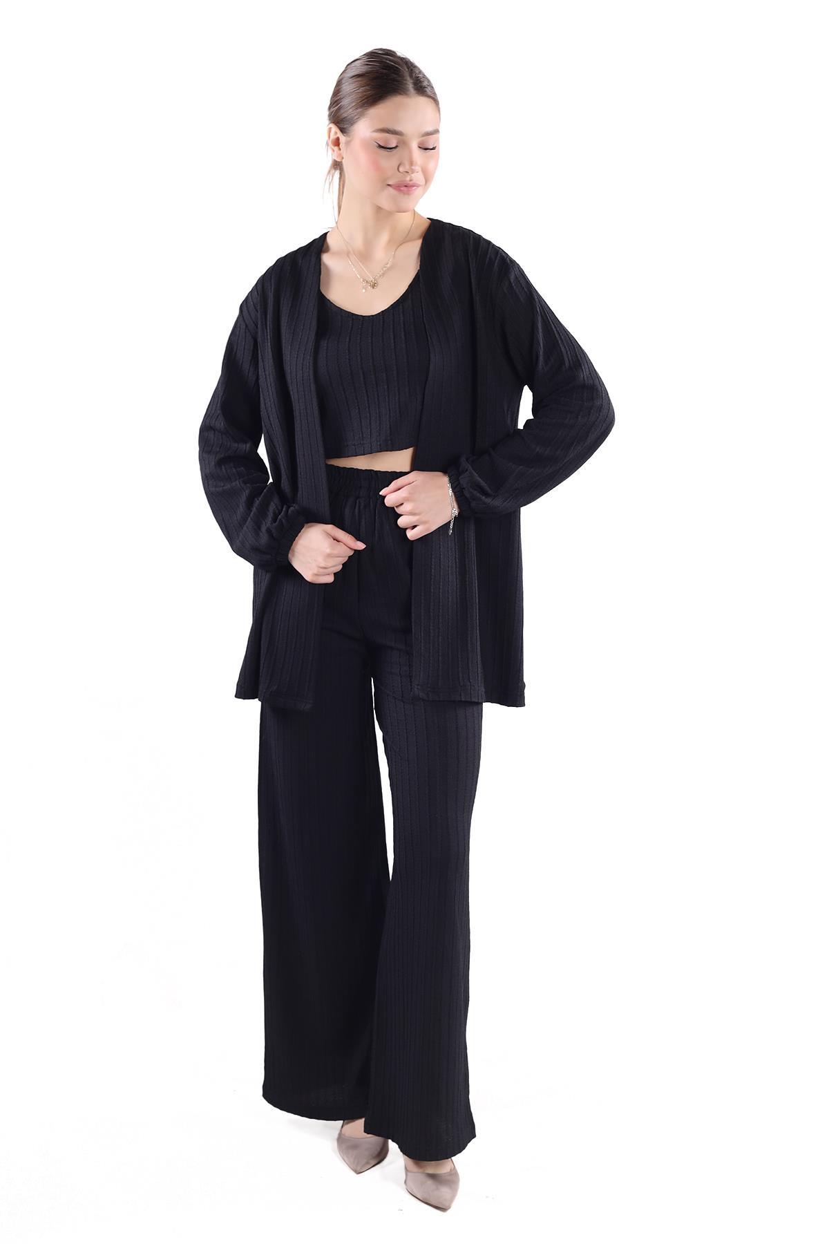 Siyah 3'lü Kimono Bluz Pantolon Takım 7002 - 2
