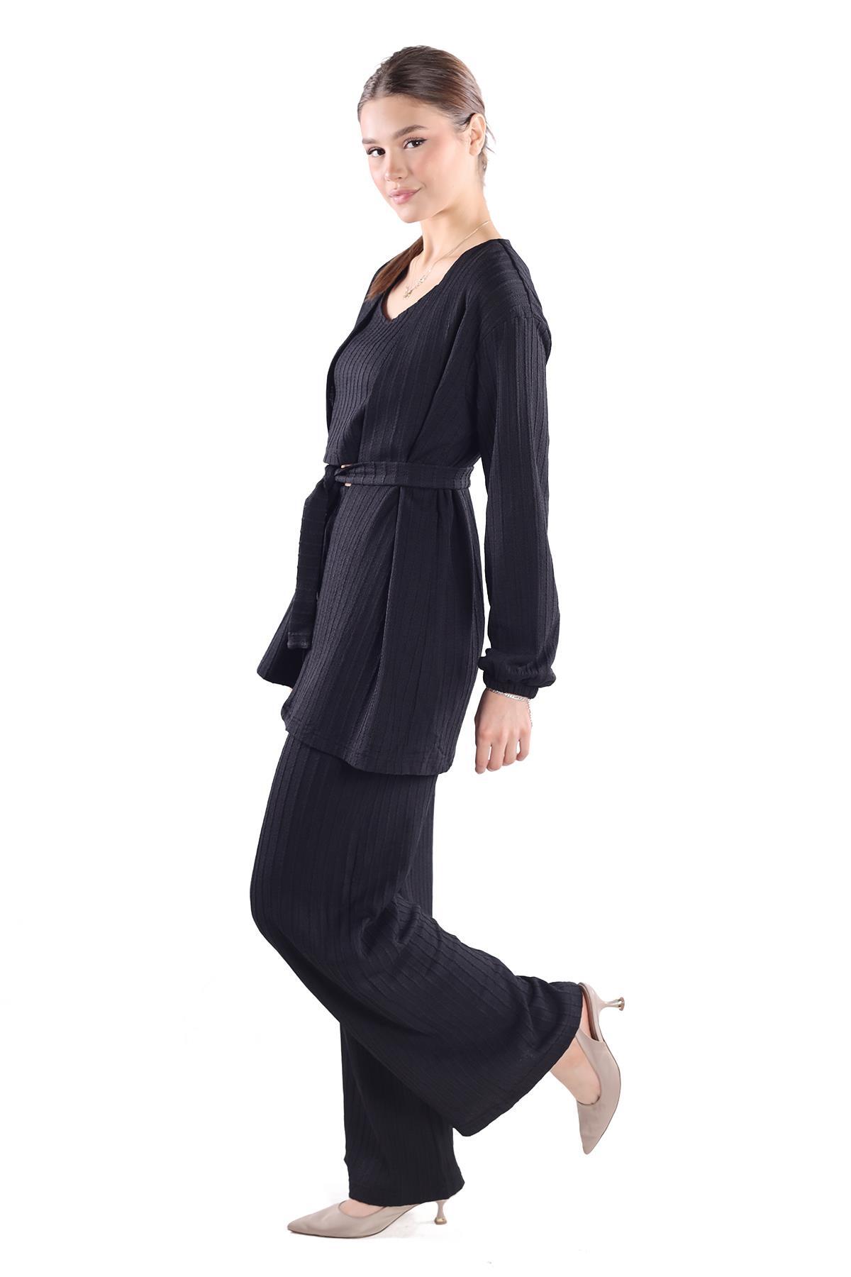 Siyah 3'lü Kimono Bluz Pantolon Takım 7002 - 3