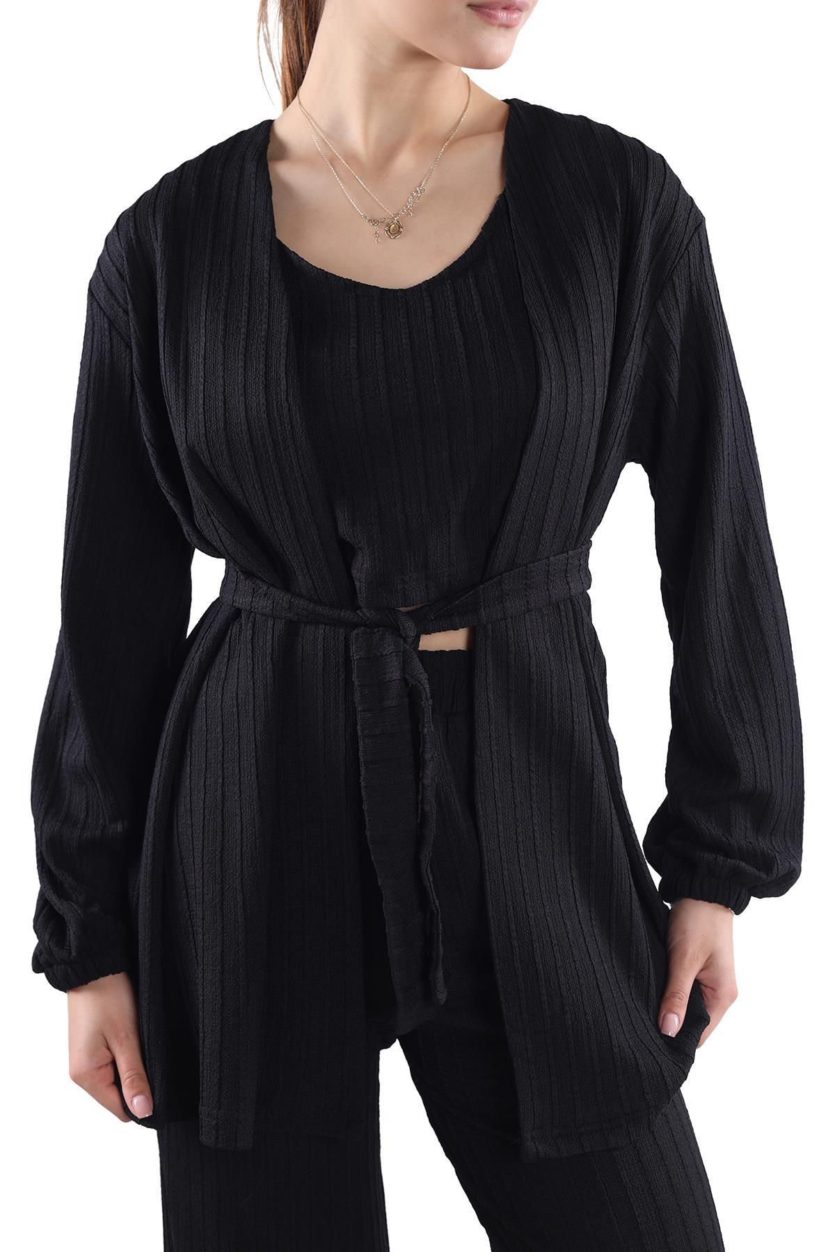 Siyah 3'lü Kimono Bluz Pantolon Takım 7002 - 8