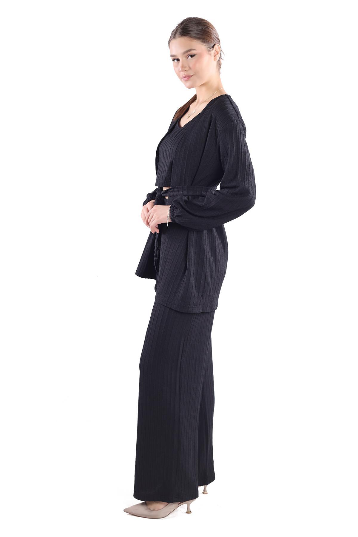 3'lü Kimono Bluz Pantolon Takım 7002 Siyah - 6