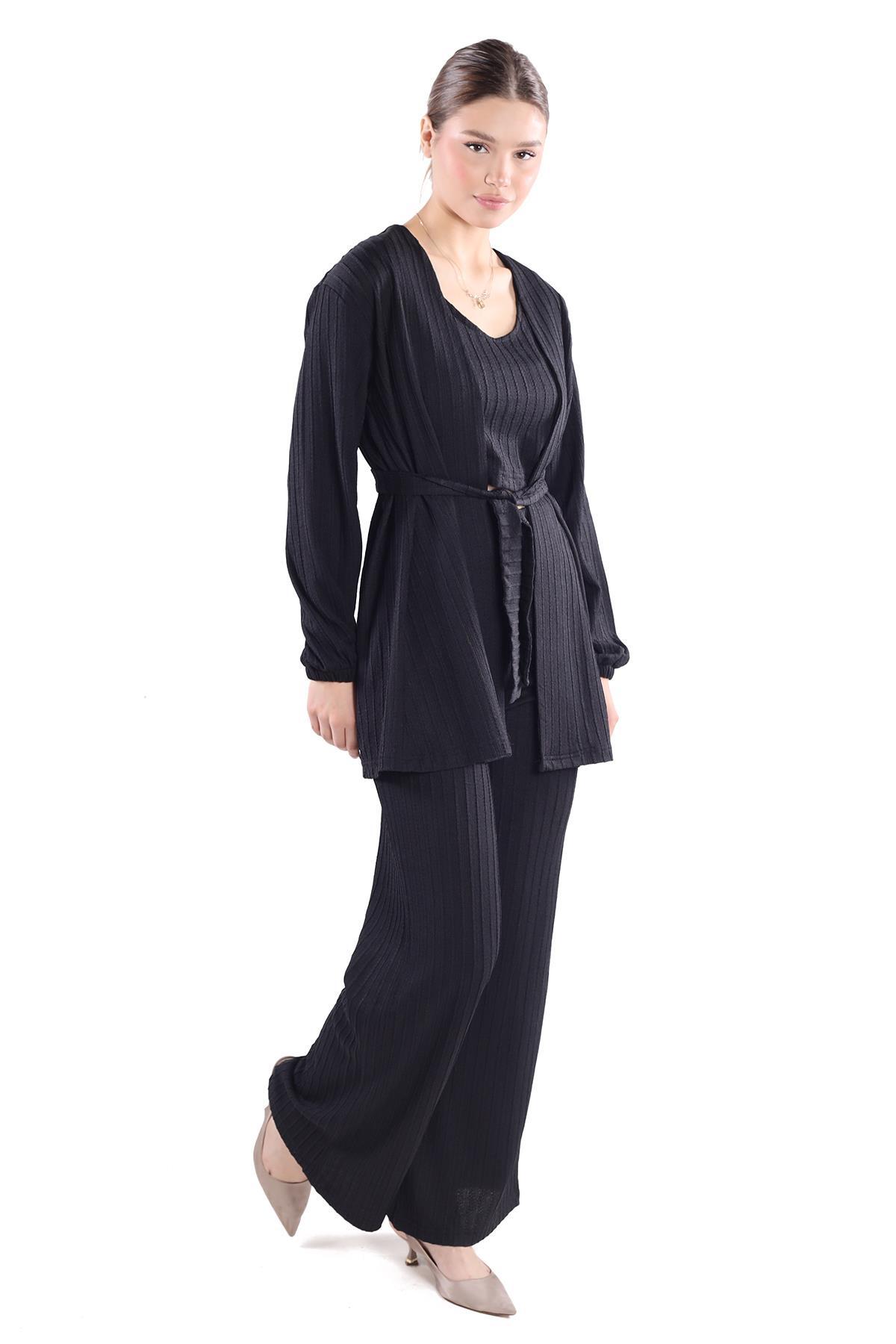 3'lü Kimono Bluz Pantolon Takım 7002 Siyah - 7