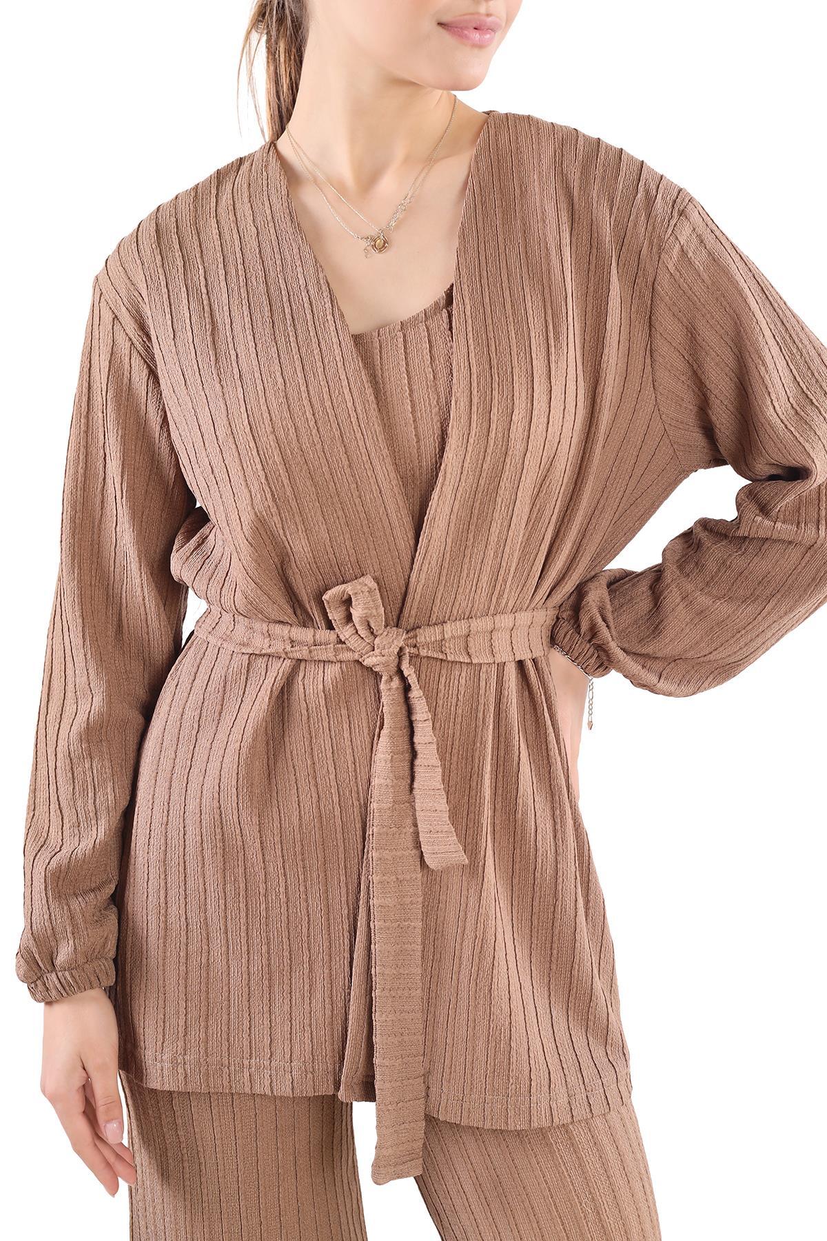 7002 3'lü Kimono Bluz Pantolon Takım Vizon - RAYS