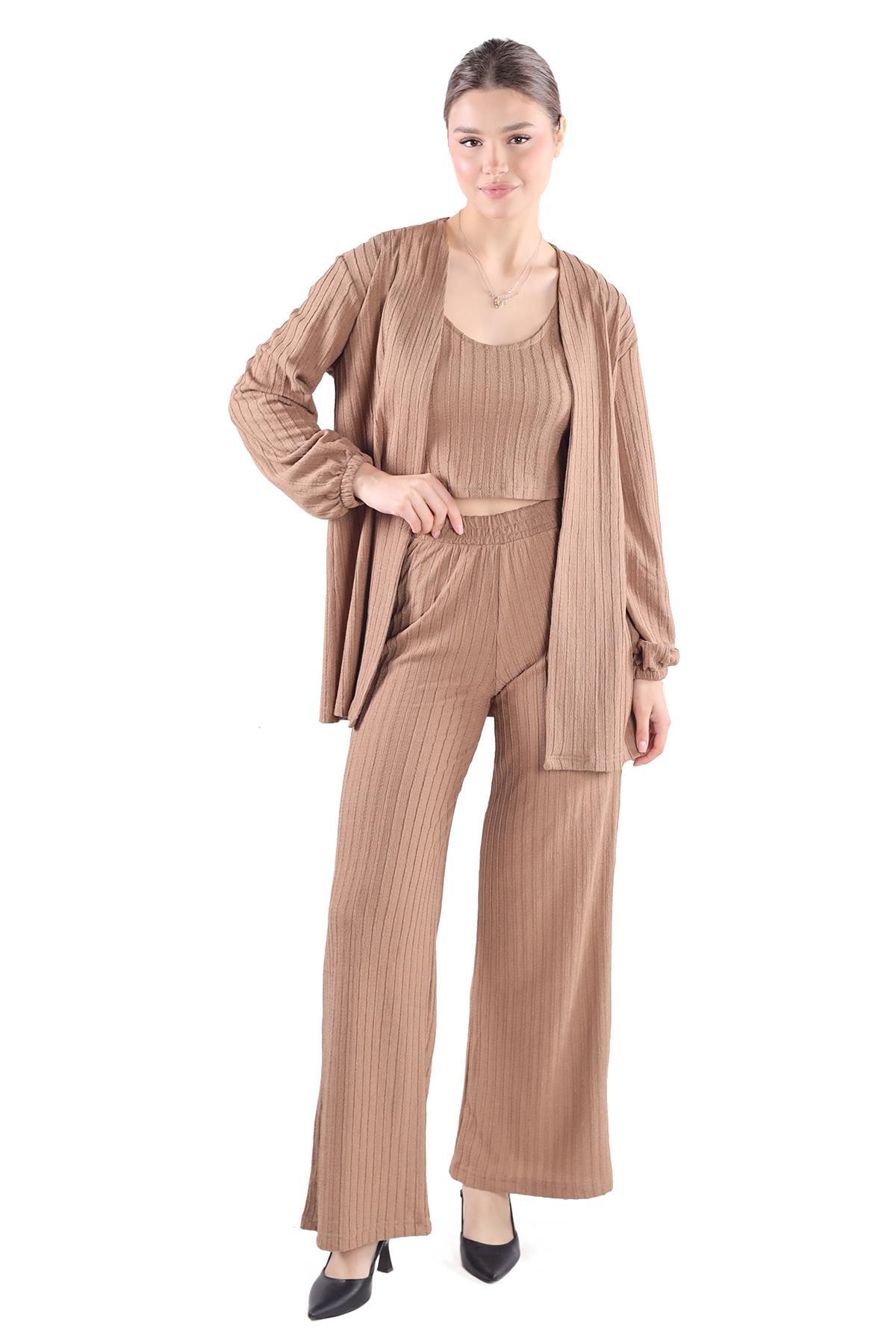 3'lü Kimono Bluz Pantolon Takım 7002 Vizon - RAYS