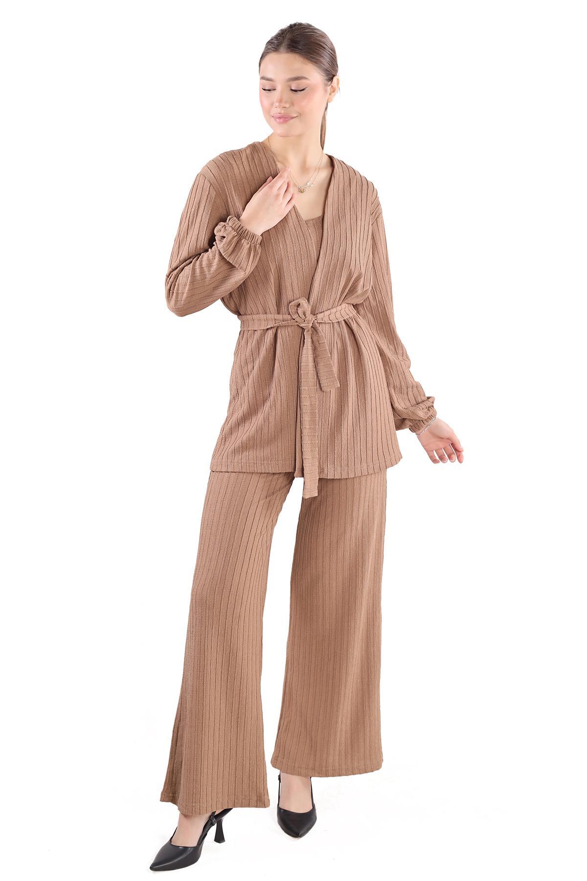3'lü Kimono Bluz Pantolon Takım 7002 Vizon - RAYS