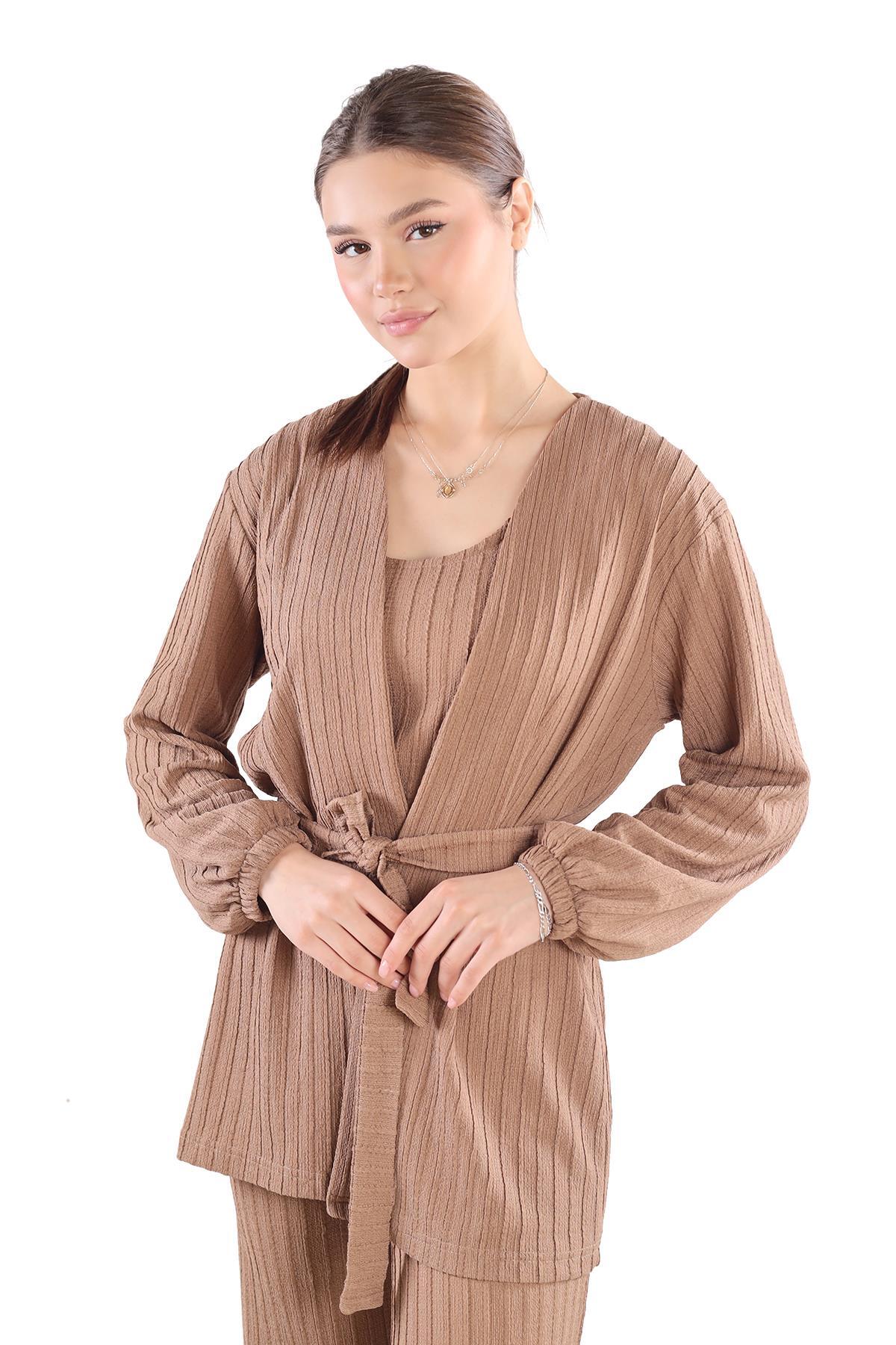 3'lü Kimono Bluz Pantolon Takım 7002 Vizon - RAYS