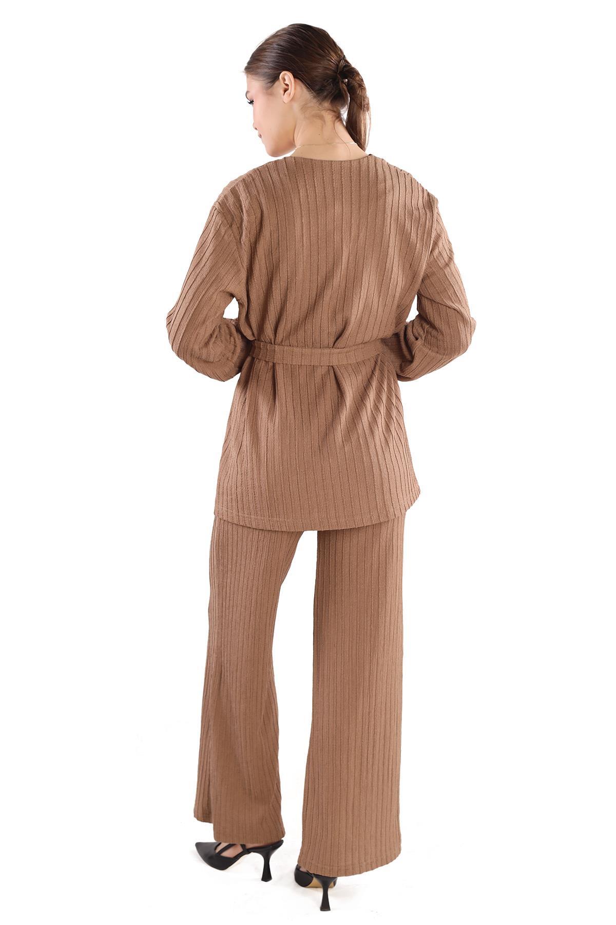 3'lü Kimono Bluz Pantolon Takım 7002 Vizon - 5