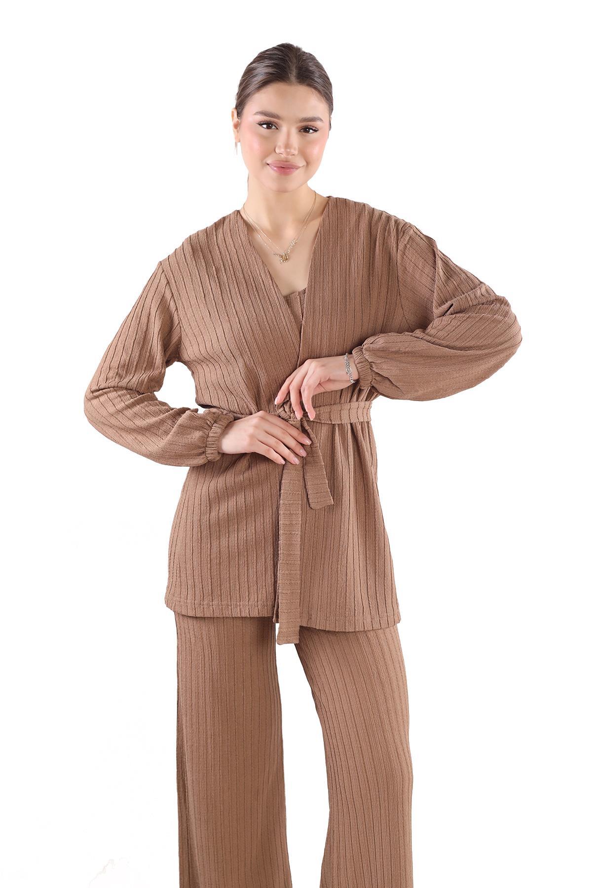 3'lü Kimono Bluz Pantolon Takım 7002 Vizon - 6