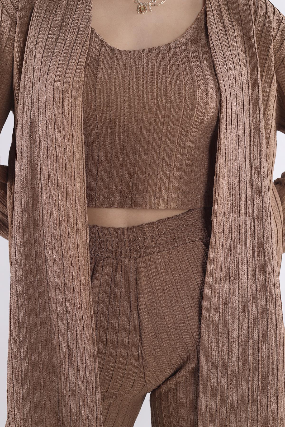 3'lü Kimono Bluz Pantolon Takım 7002 Vizon - 7