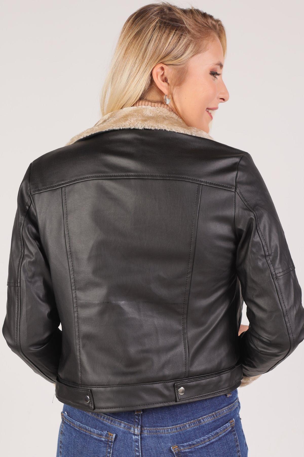 Siyah Yaka Kürk Detay Deri Ceket 7024 - 4