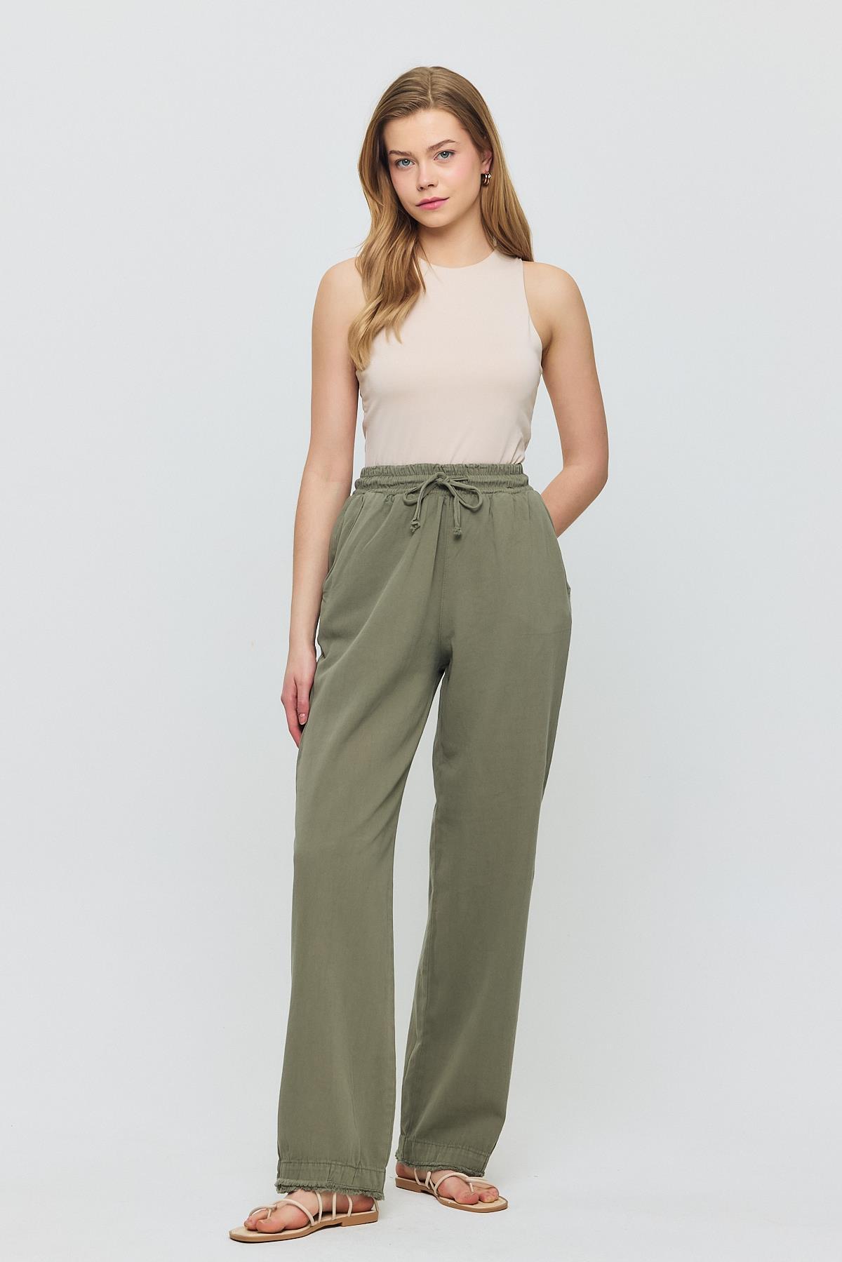 Olive Yeşili Gronigen Bağcık Beli Lastikli Pantolon 7022 - 5
