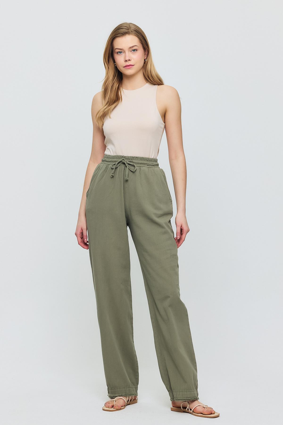 7022 Gronigen Bağcık Beli Lastikli Pantolon Olive Yeşili - 7