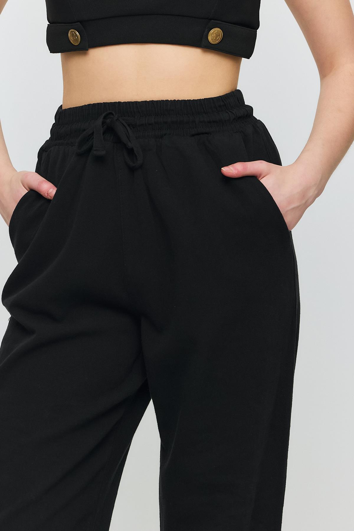 7022 Gronigen Bağcık Beli Lastikli Pantolon Siyah - 4