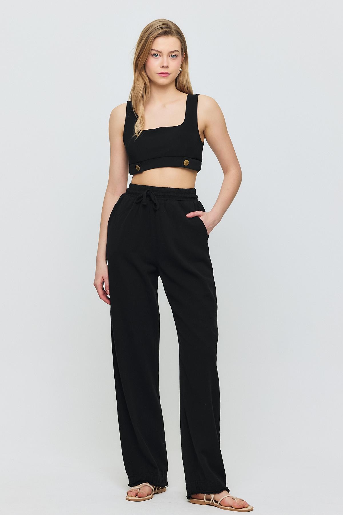 7022 Gronigen Bağcık Beli Lastikli Pantolon Siyah 