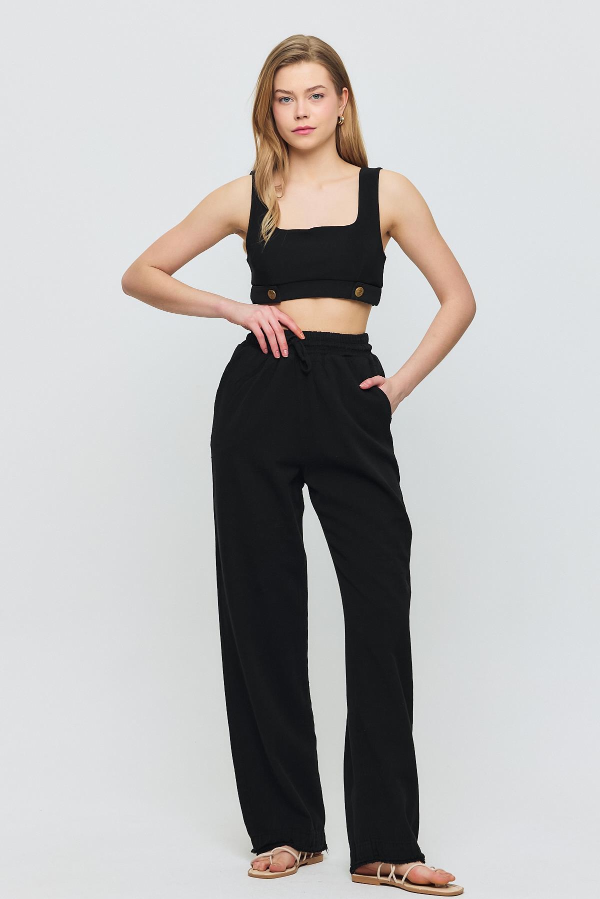 Siyah Gronigen Bağcık Beli Lastikli Pantolon 7022 - 7