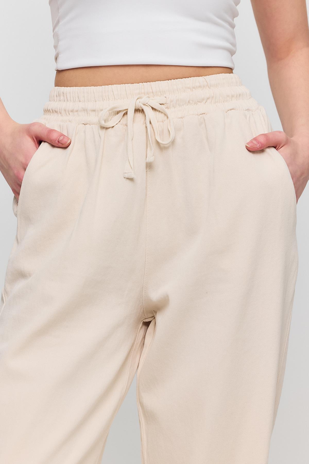 7022 Gronigen Bağcık Beli Lastikli Pantolon Taş - 4