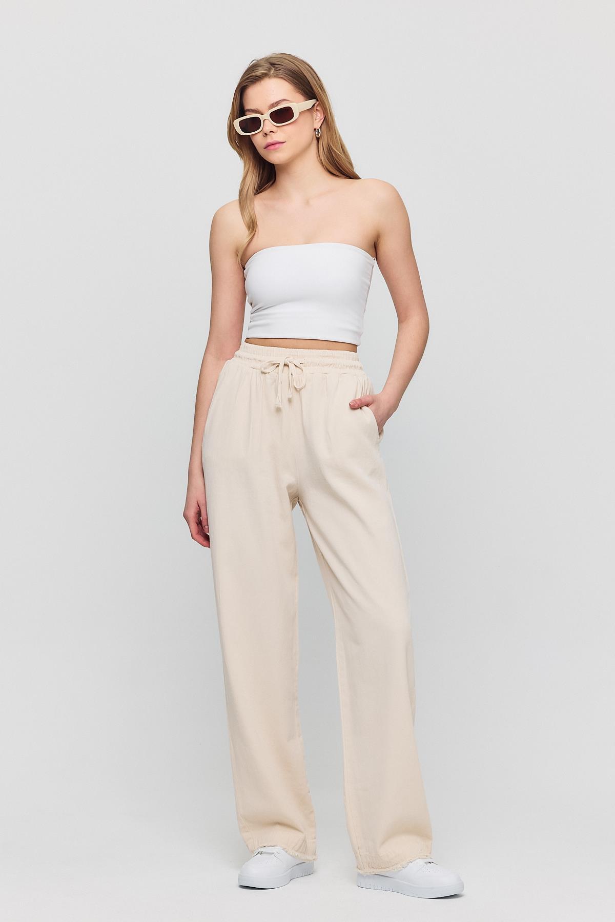 7022 Gronigen Bağcık Beli Lastikli Pantolon Taş - 1
