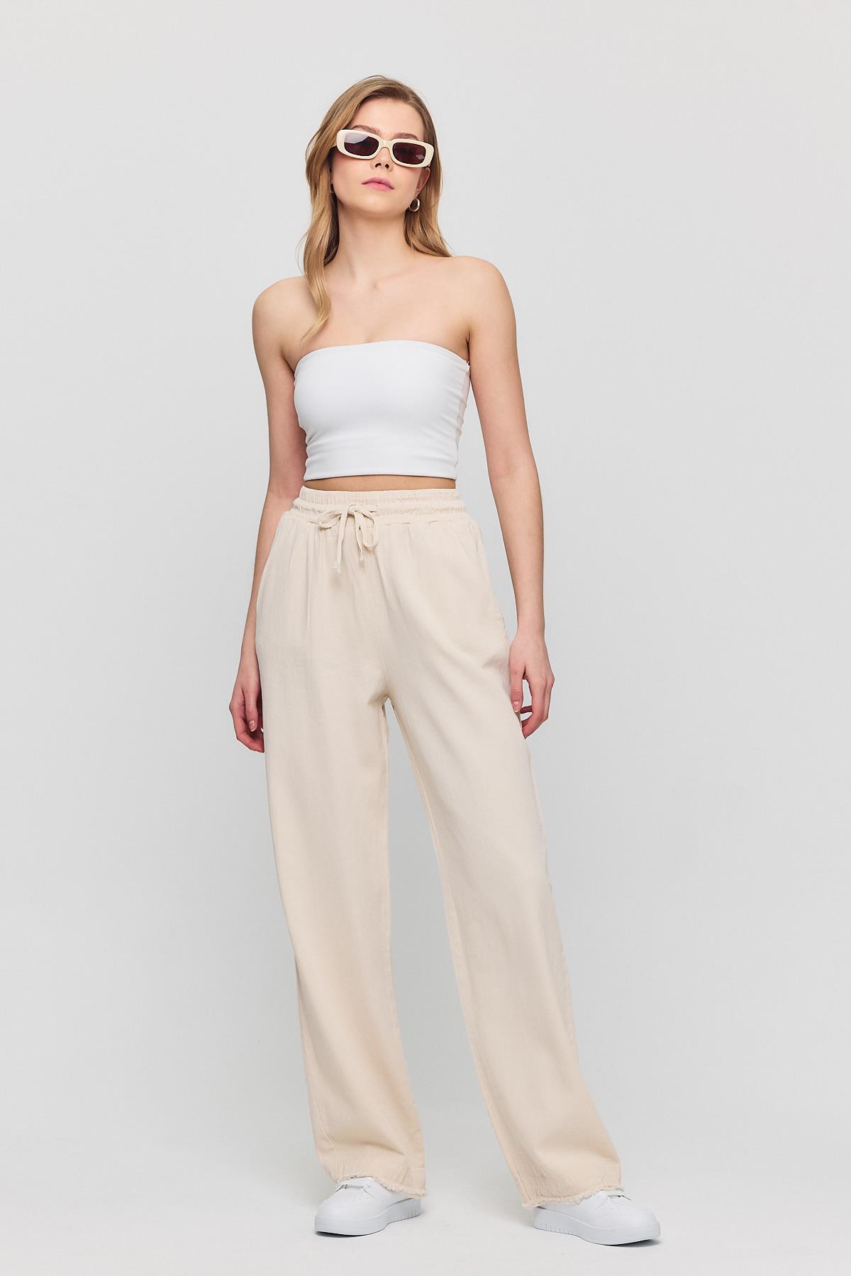 7022 Gronigen Bağcık Beli Lastikli Pantolon Taş - 7