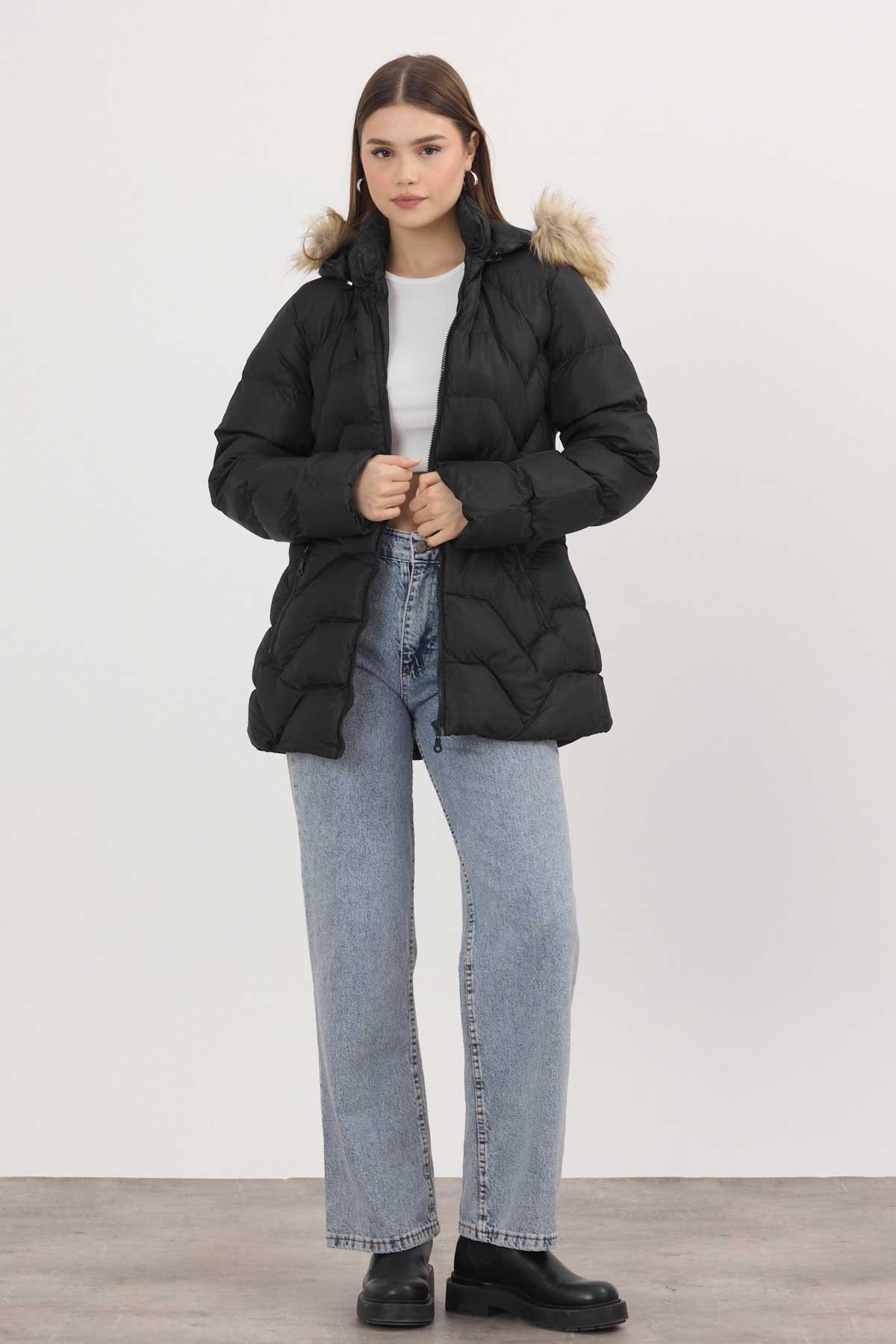 7030 Kapüşonu Kürklü Mont Siyah - RAYS