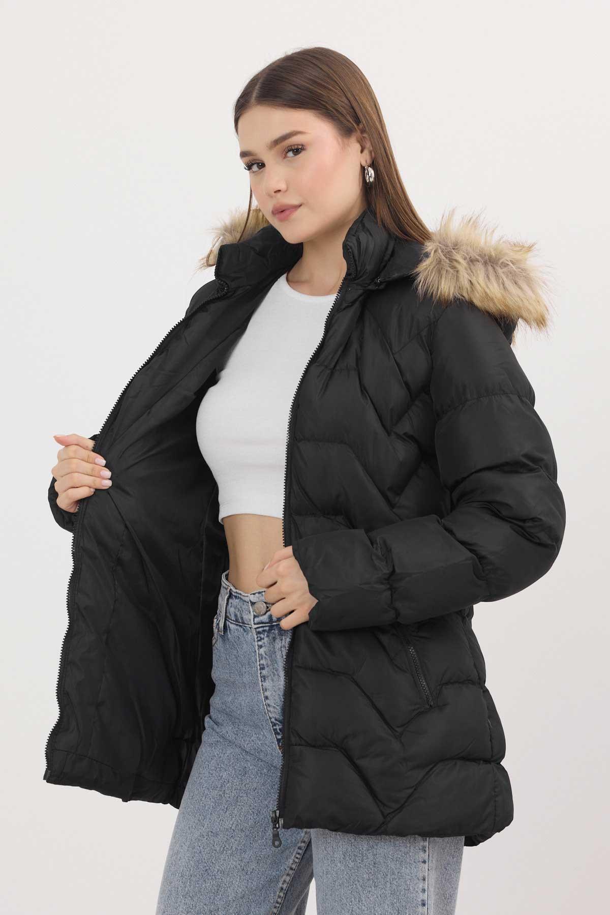 Siyah Kapüşonu Kürklü Mont 7030 - 3