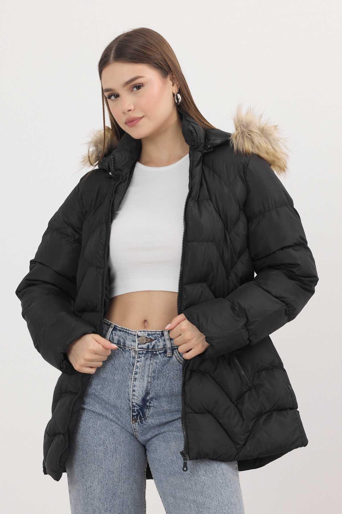 Siyah Kapüşonu Kürklü Mont 7030 - 7