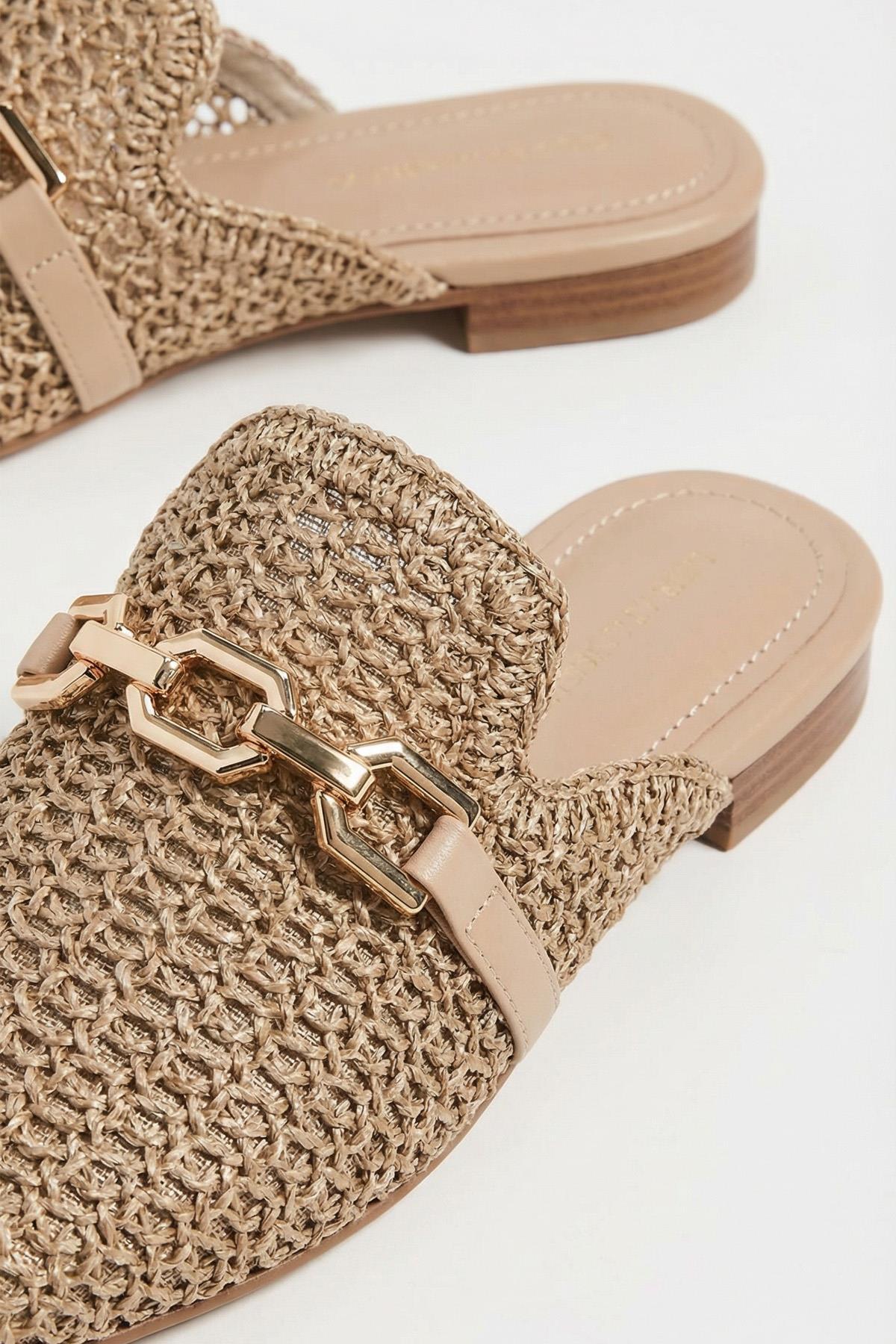 7030 Zincir Detay Hasır Terlik Beyaz - RAYS