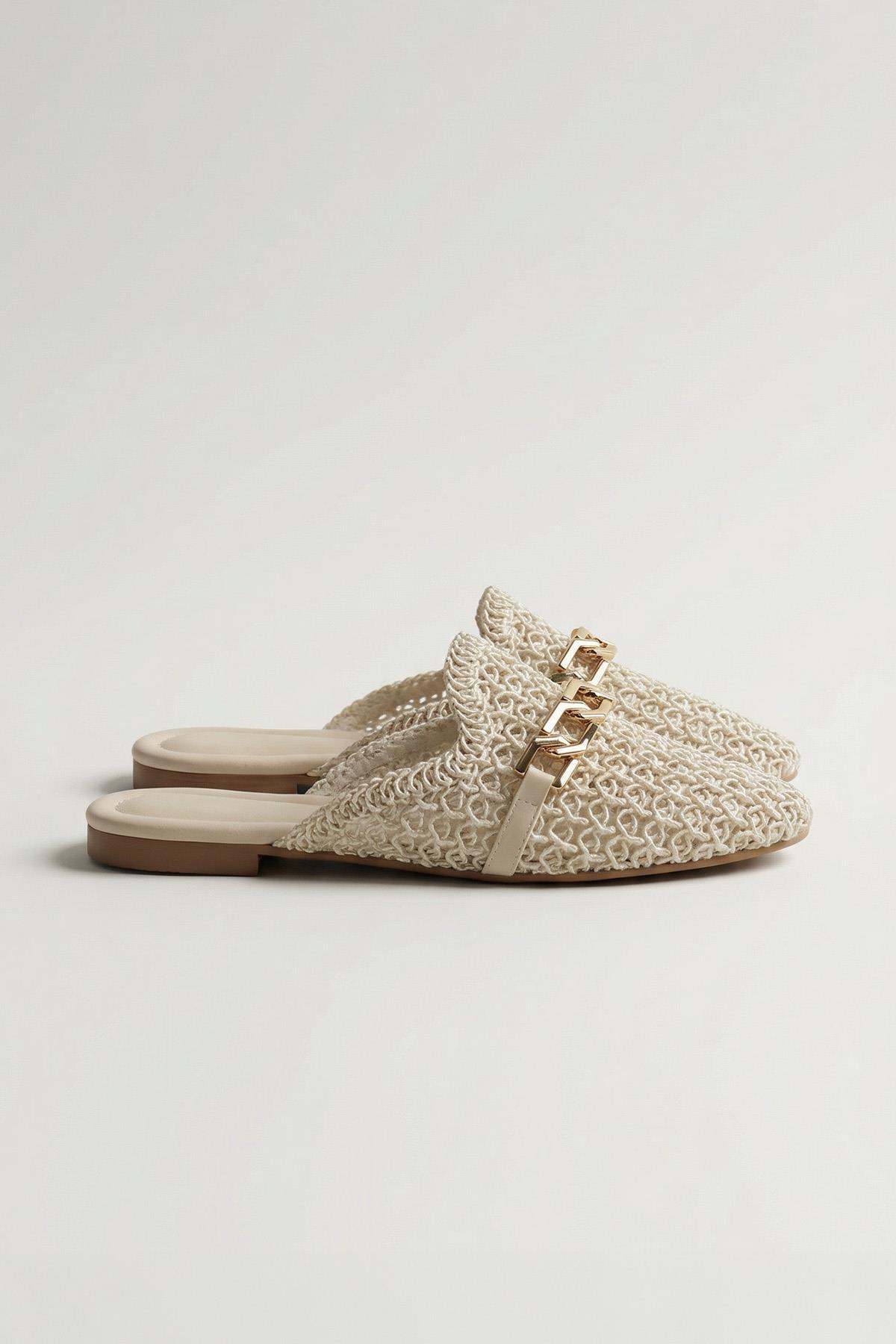 7030 Zincir Detay Hasır Terlik Beyaz - 2