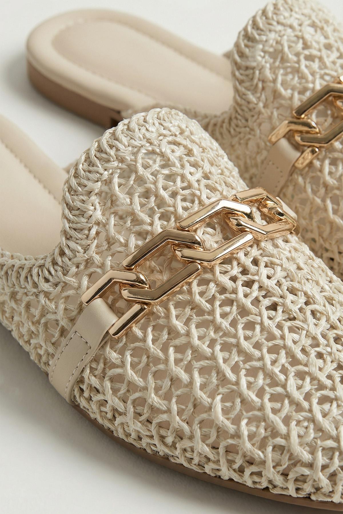 7030 Zincir Detay Hasır Terlik Beyaz - RAYS (1)