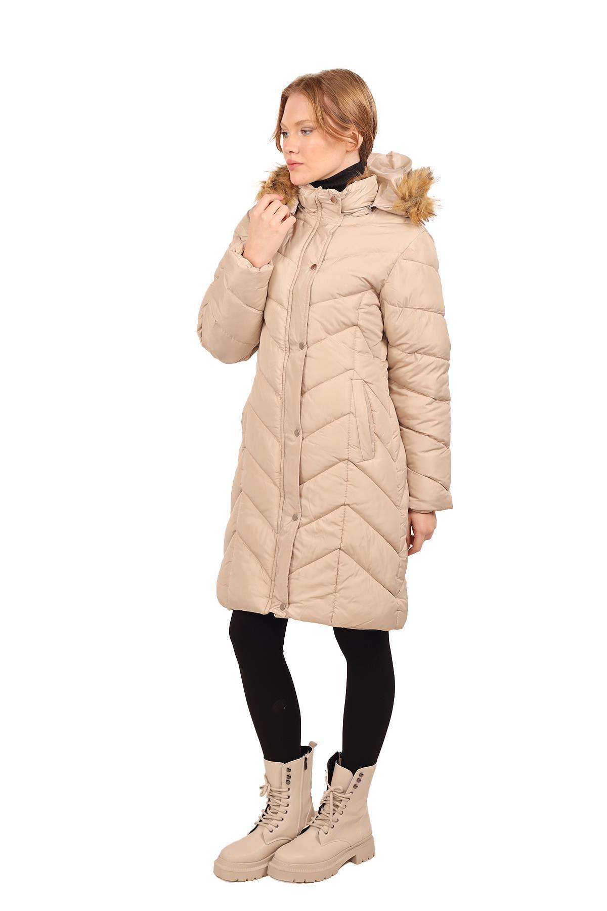 7045 Kapüşonlu Parlak Uzun Mont Bej - 8