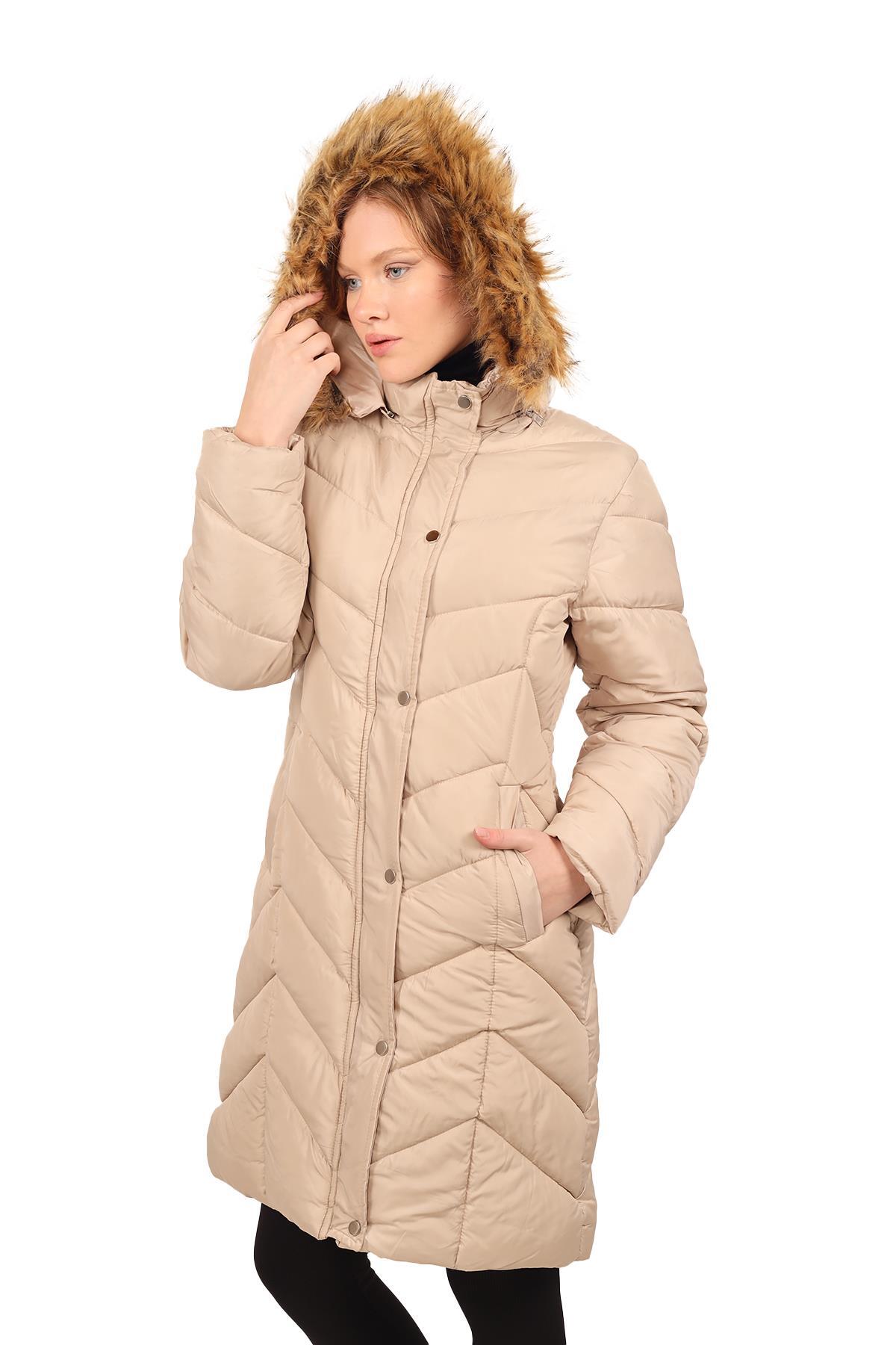 Bej Kapüşonlu Parlak Uzun Mont 7045 - 4