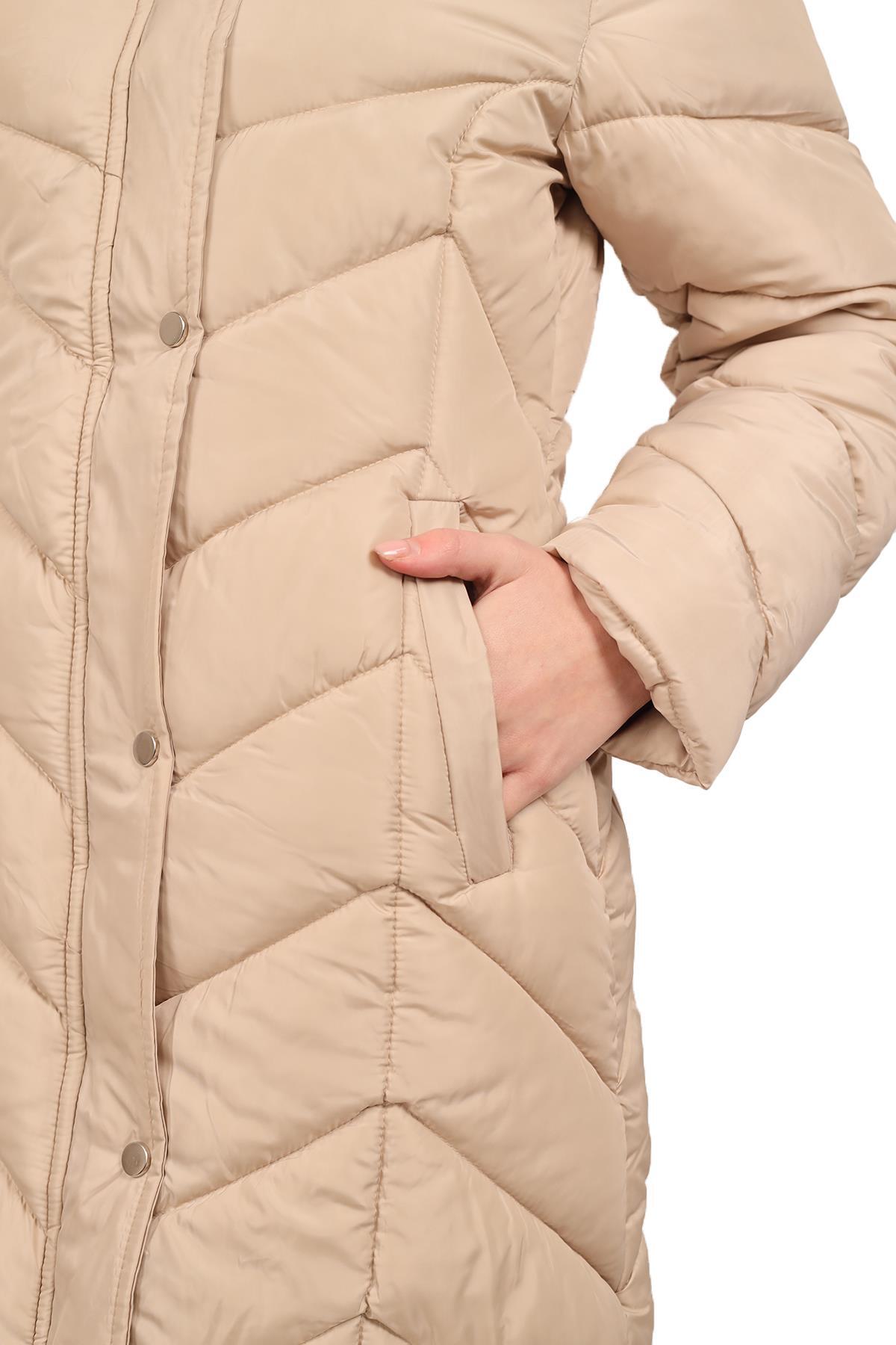 Bej Kapüşonlu Parlak Uzun Mont 7045 - 5