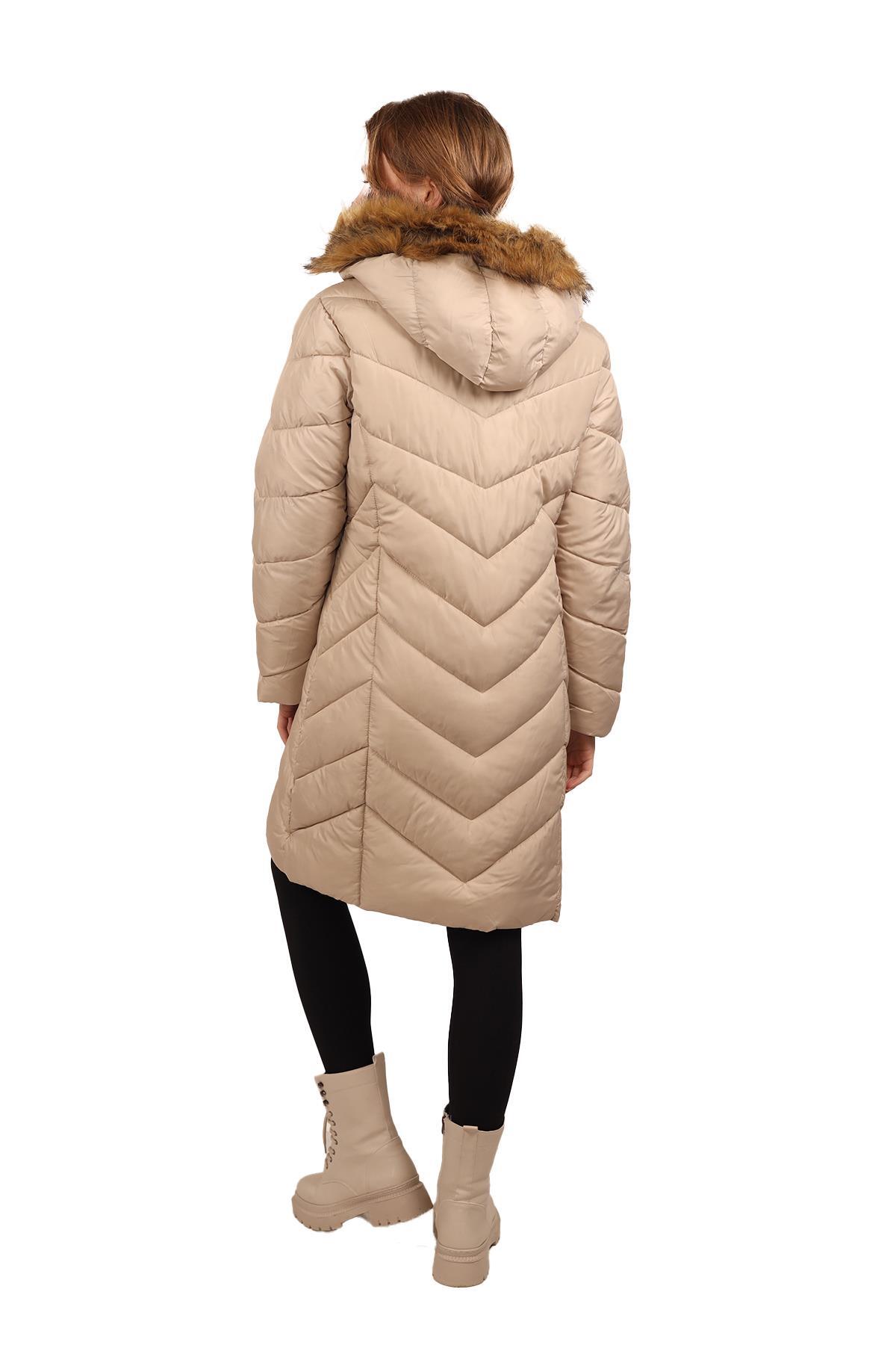 Bej Kapüşonlu Parlak Uzun Mont 7045 - 6