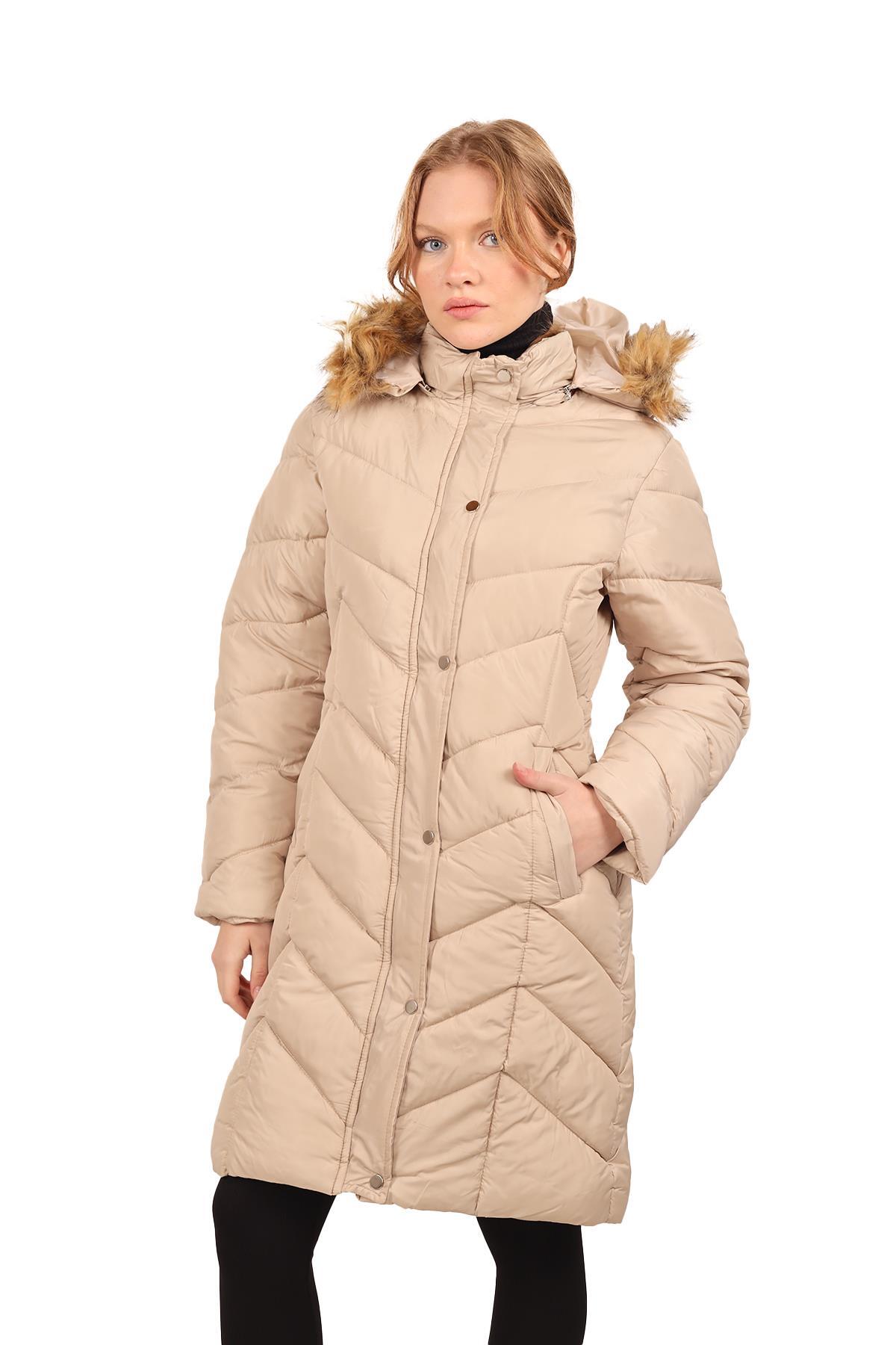 Bej Kapüşonlu Parlak Uzun Mont 7045 - 7