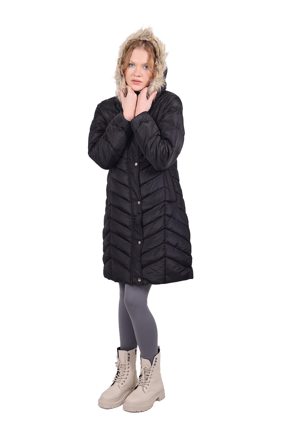 7045 Kapüşonlu Parlak Uzun Mont Siyah - RAYS (1)