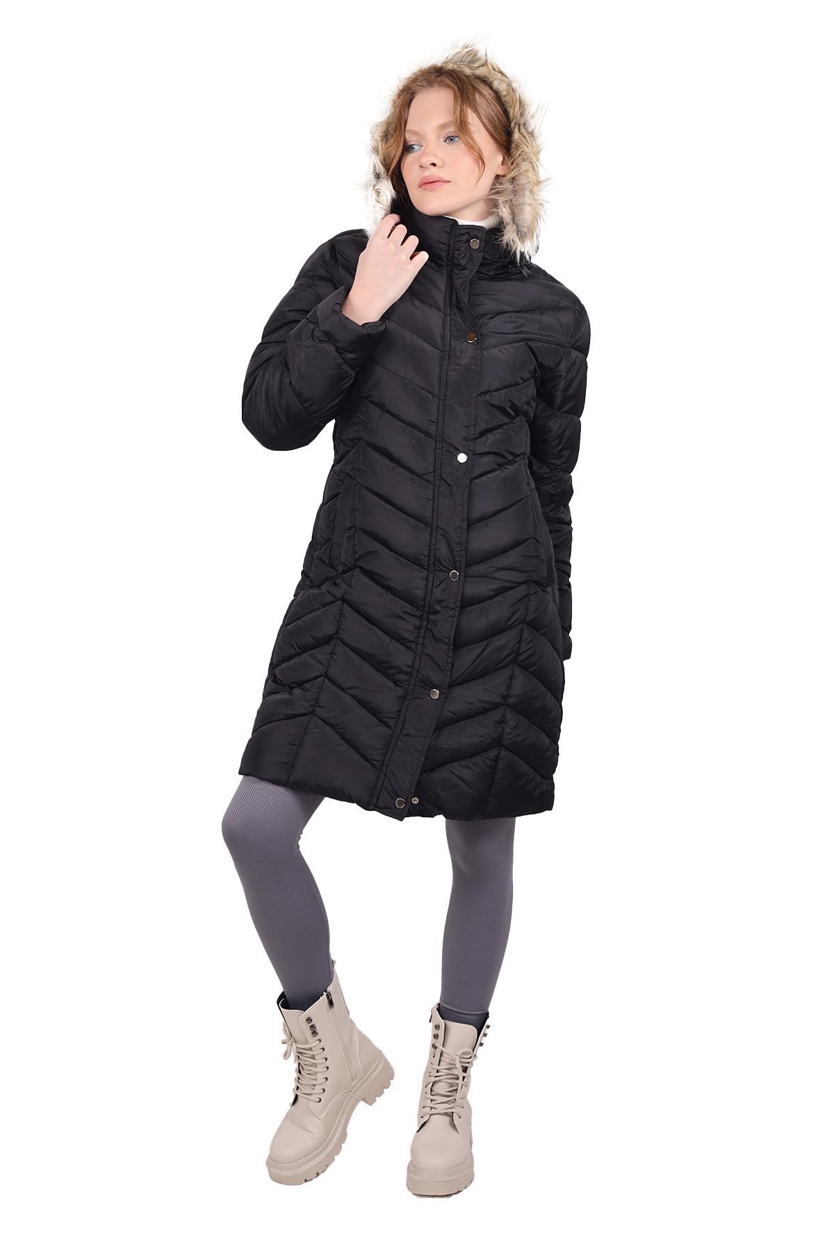 7045 Kapüşonlu Parlak Uzun Mont Siyah - RAYS