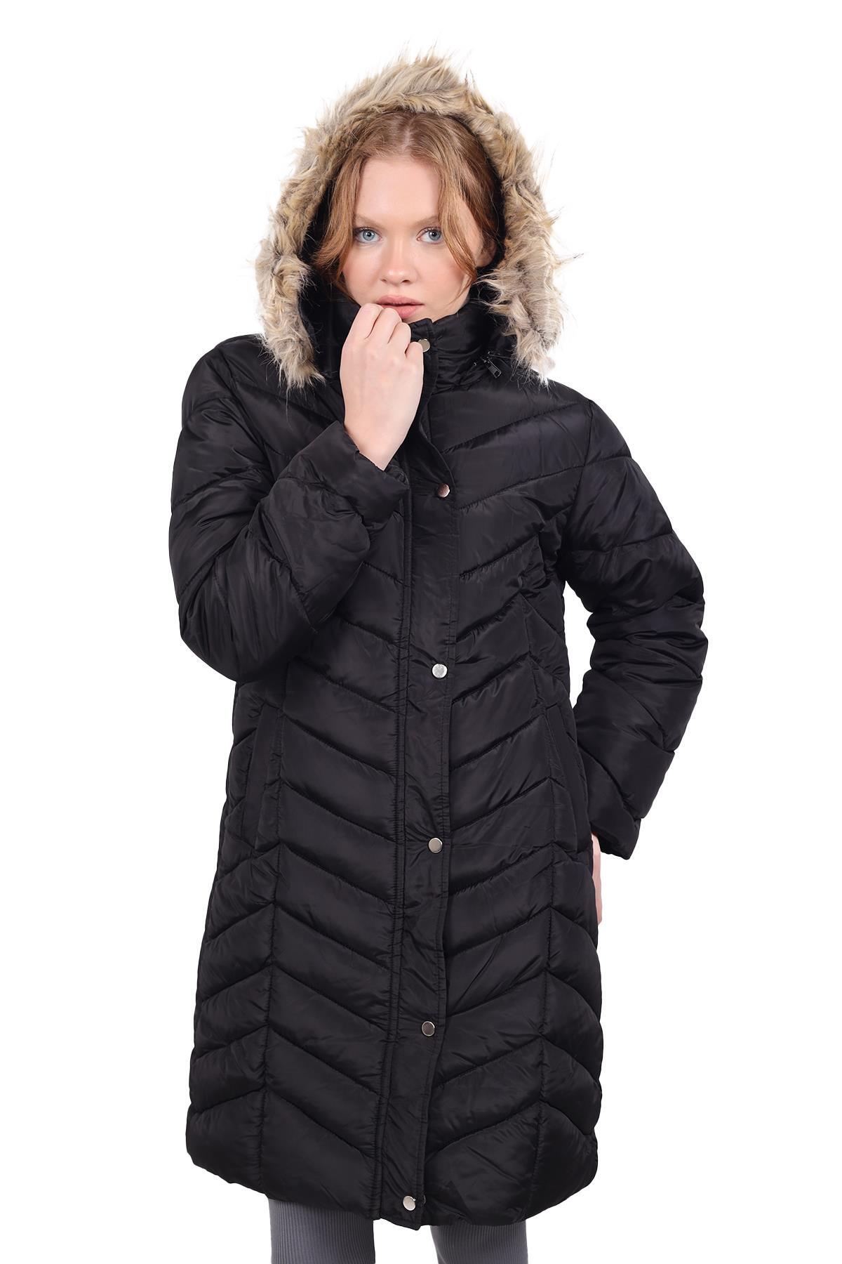 7045 Kapüşonlu Parlak Uzun Mont Siyah 