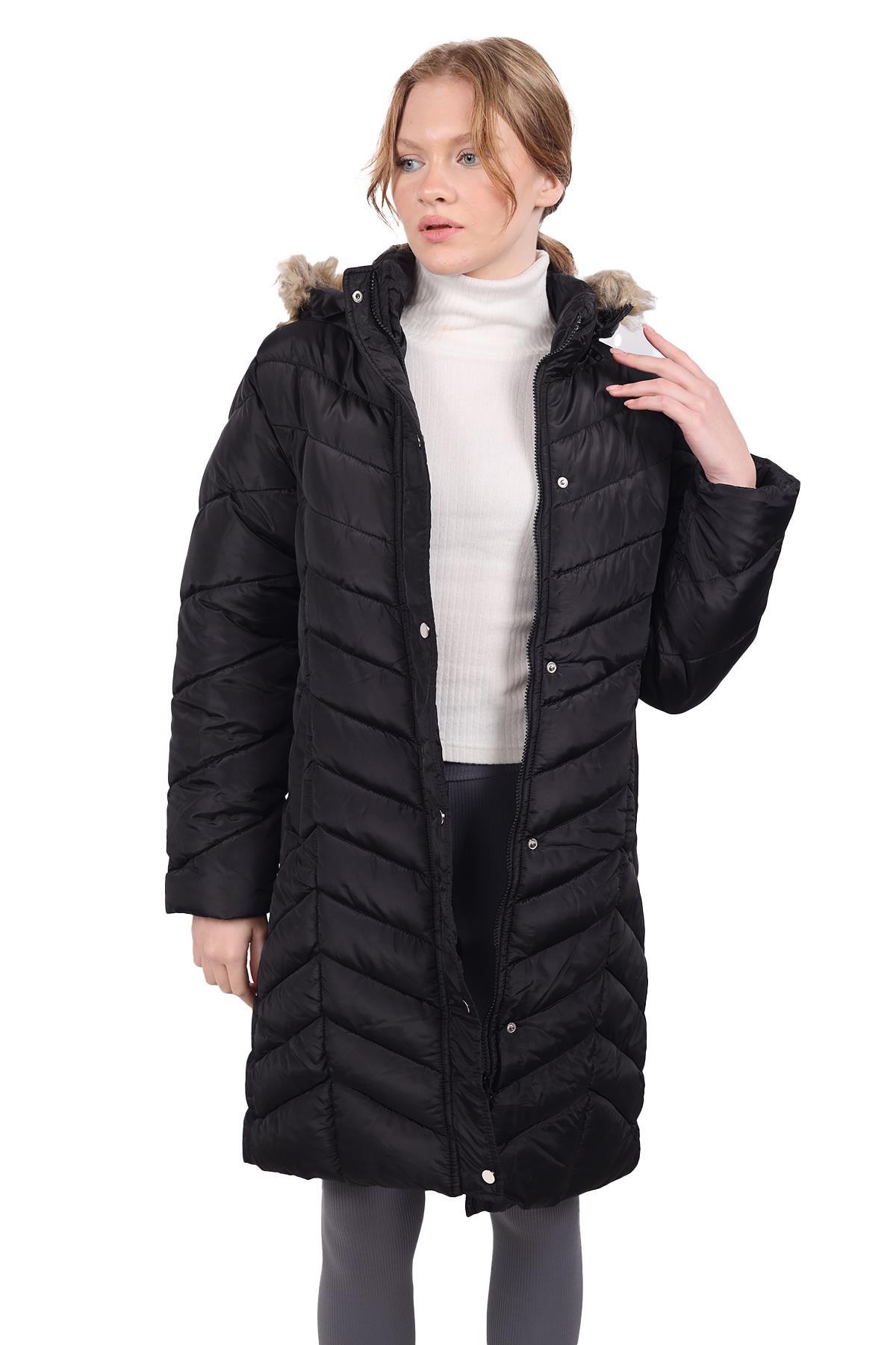 Siyah Kapüşonlu Parlak Uzun Mont 7045 - 7