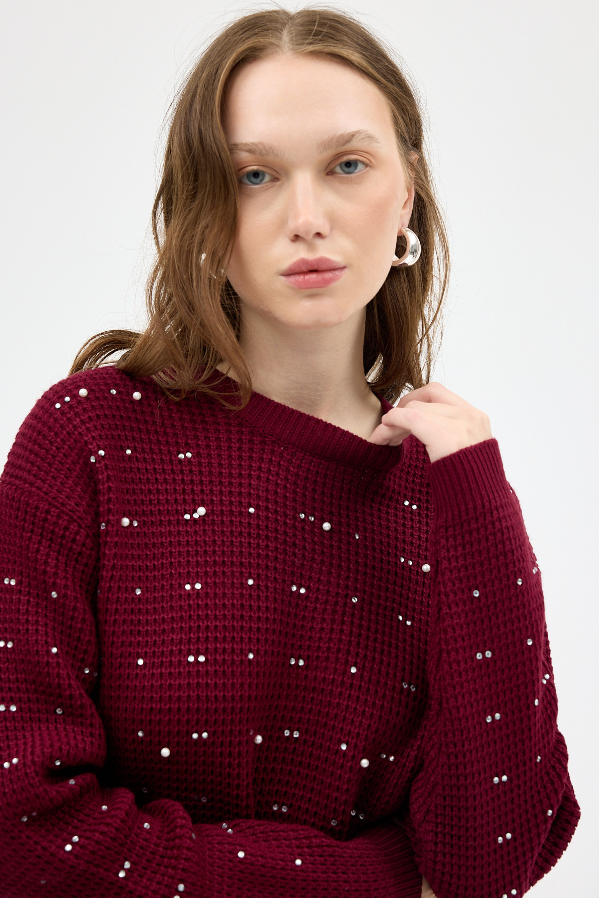 Bordo Kadın Taş İşleme Detaylı Bisiklet Yaka Triko Kazak 7045 - RAYS