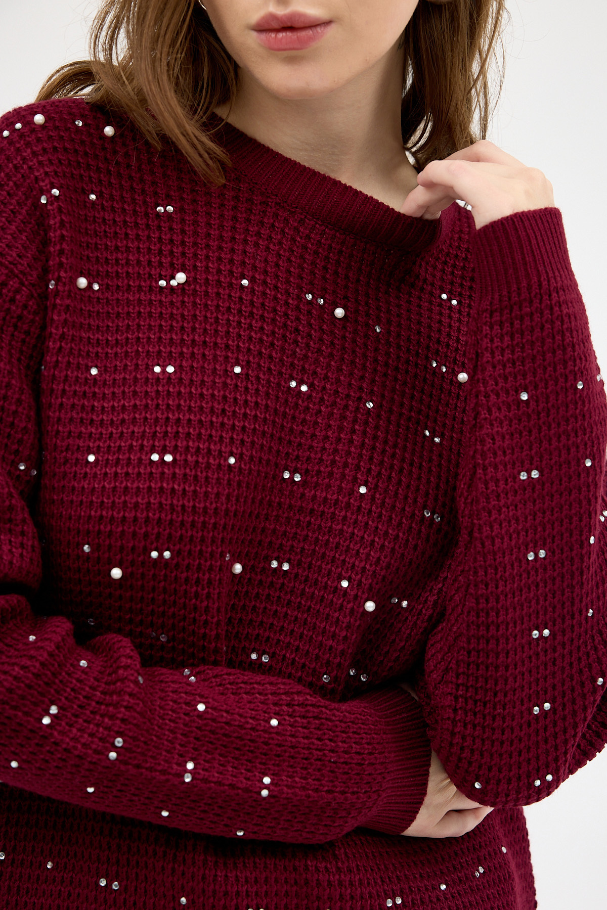 Bordo Kadın Taş İşleme Detaylı Bisiklet Yaka Triko Kazak 7045 - RAYS