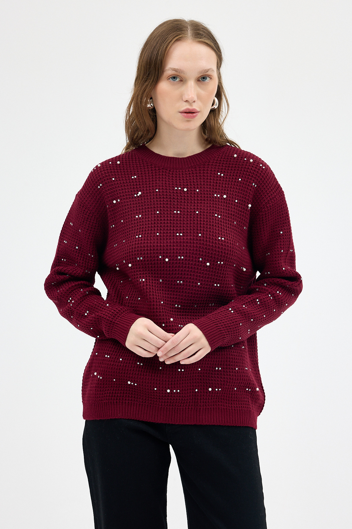 Bordo Kadın Taş İşleme Detaylı Bisiklet Yaka Triko Kazak 7045 - RAYS