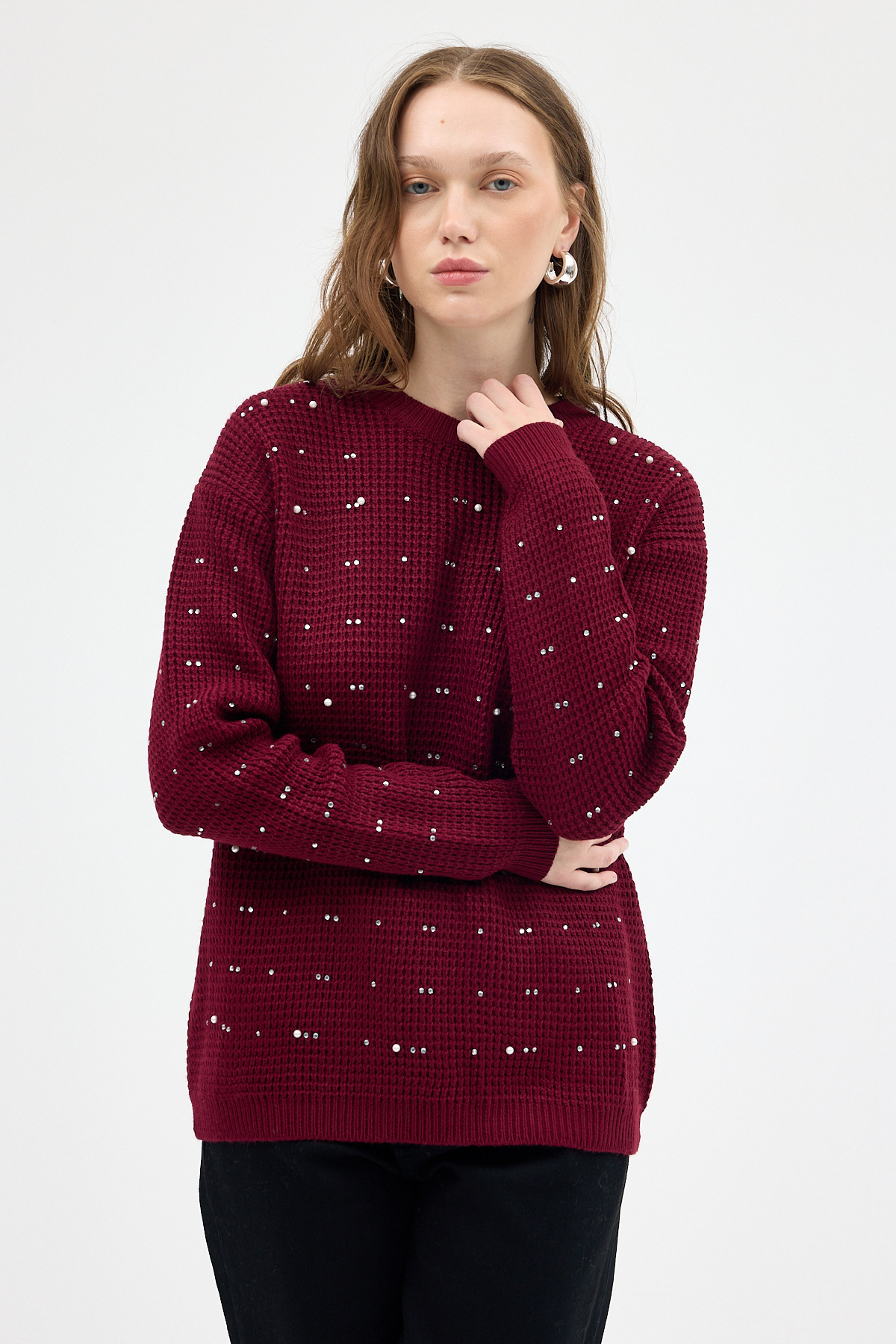 Bordo Kadın Taş İşleme Detaylı Bisiklet Yaka Triko Kazak 7045 - 6