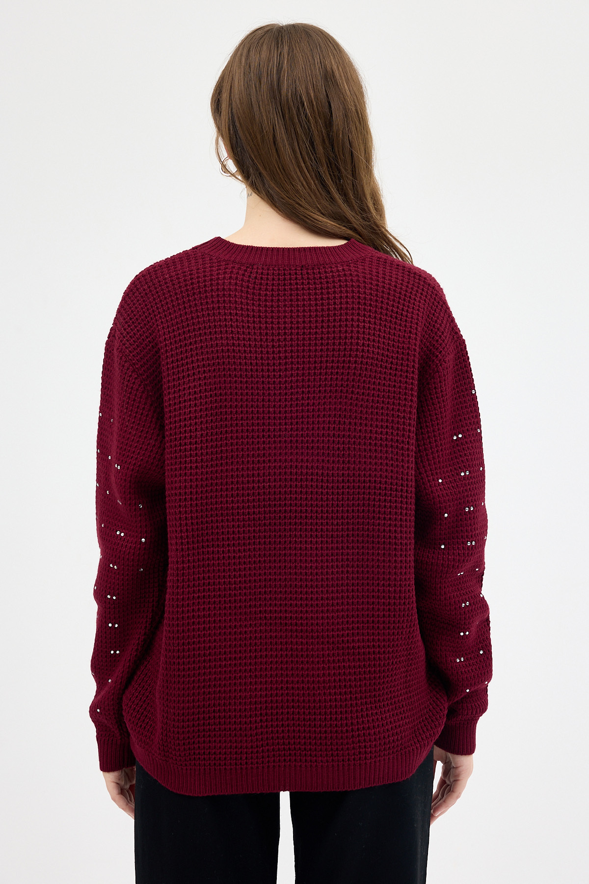 Bordo Kadın Taş İşleme Detaylı Bisiklet Yaka Triko Kazak 7045 - 5