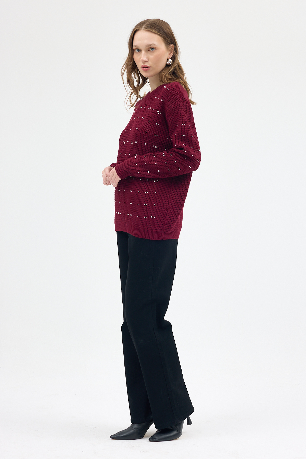 Bordo Kadın Taş İşleme Detaylı Bisiklet Yaka Triko Kazak 7045 - 7