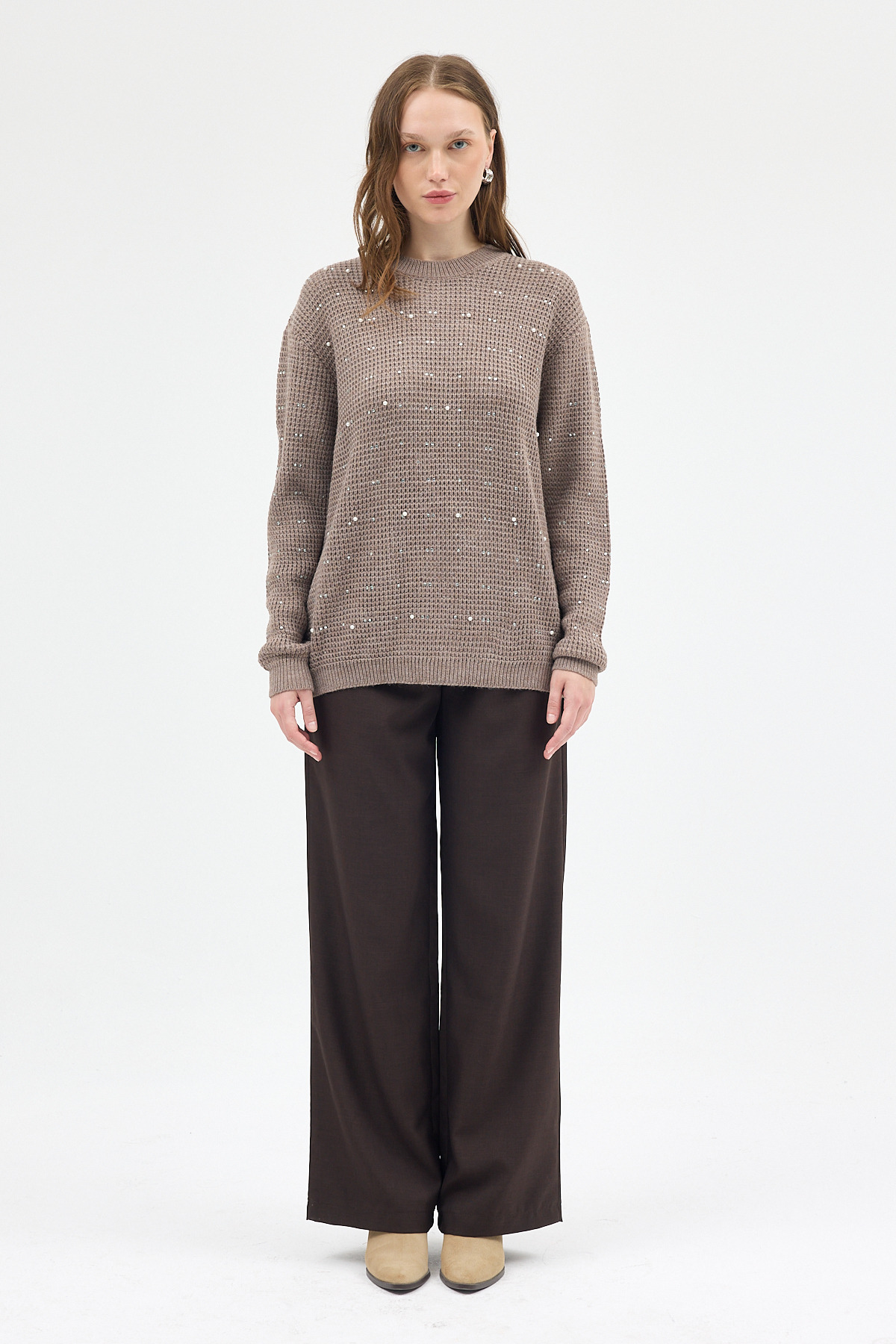 Koyu Vizon Kadın Taş İşleme Detaylı Bisiklet Yaka Triko Kazak 7045 - RAYS