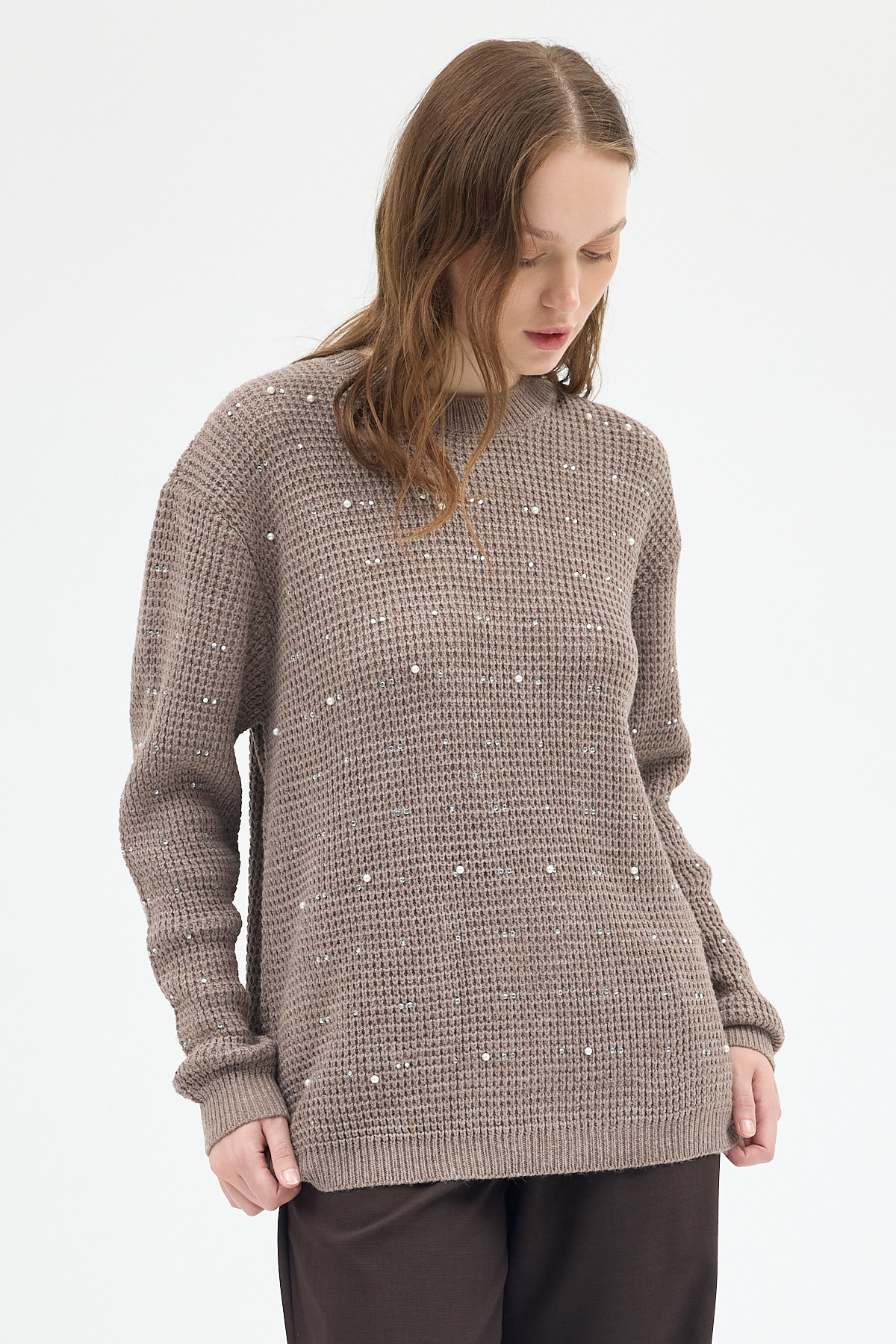 Koyu Vizon Kadın Taş İşleme Detaylı Bisiklet Yaka Triko Kazak 7045 - RAYS